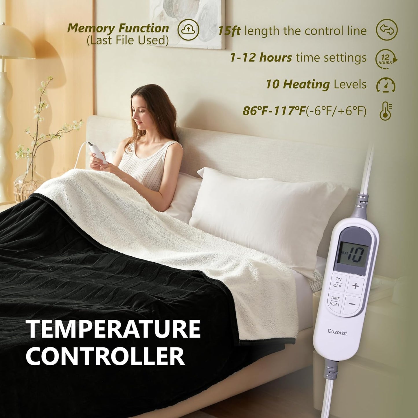 Heat Blanket 62”x84” Twin Size,Soft Flannel & Sherpa Reversible Electric Blanket with 10 Heat Settings,12 Timer Setting and 8 Hours Auto-Shut Off,ETL Certified Machine Washable,Black