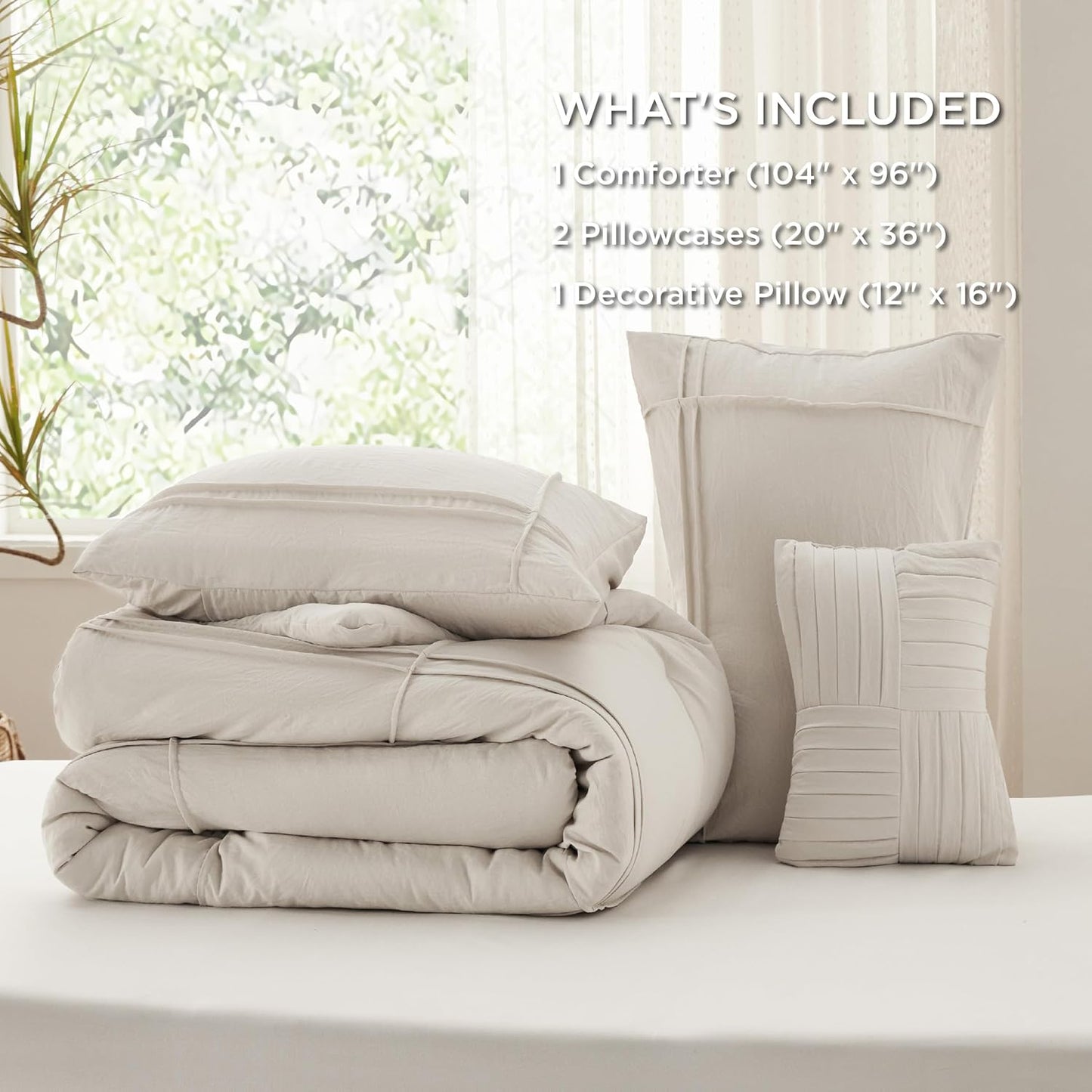 Bedsure California King Comforter Set - 4 Pieces Grid Pleat Bed Set, Beige Boho Bedding for All Season, 1 Soft Comforter, 2 Pillowcases, 1 Decorative Pillow