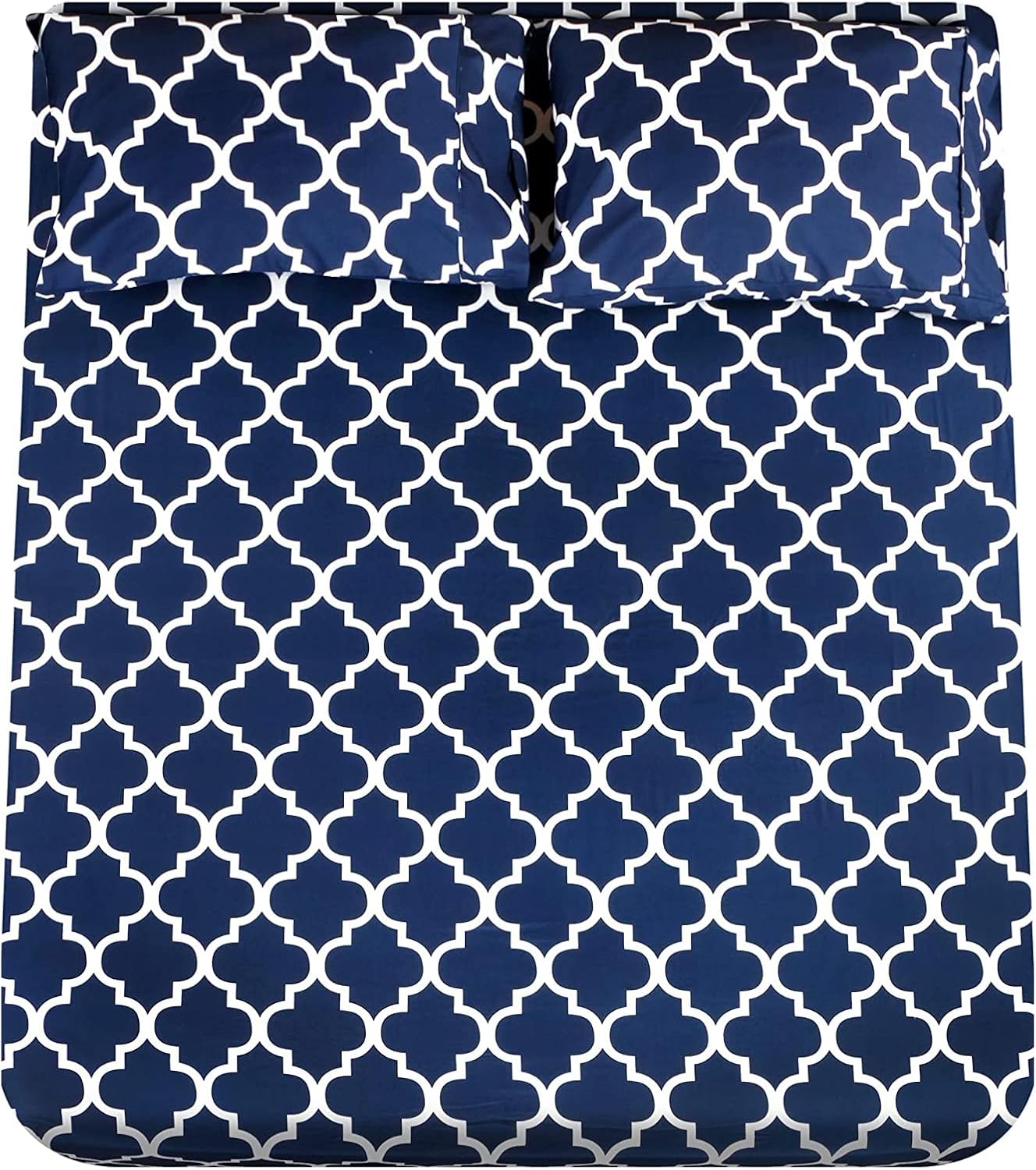 Mejoroom Full Bed Sheet Set - Super Soft Brushed Microfiber 1800 Thread Count Full Sheets with 16 inch Deep Pocket - Wrinkle Free - 4 Piece(Navy Quatrefoil with White Pattern)