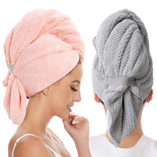 2 Pack Large Microfiber Hair Towel Wrap for Women, Anti Frizz Hair Drying Towels, Fast Dry Hair Turban - for Wet, Long, Thick, Curly Hair - Super Absorbent Soft Towels - Gray & Pink
