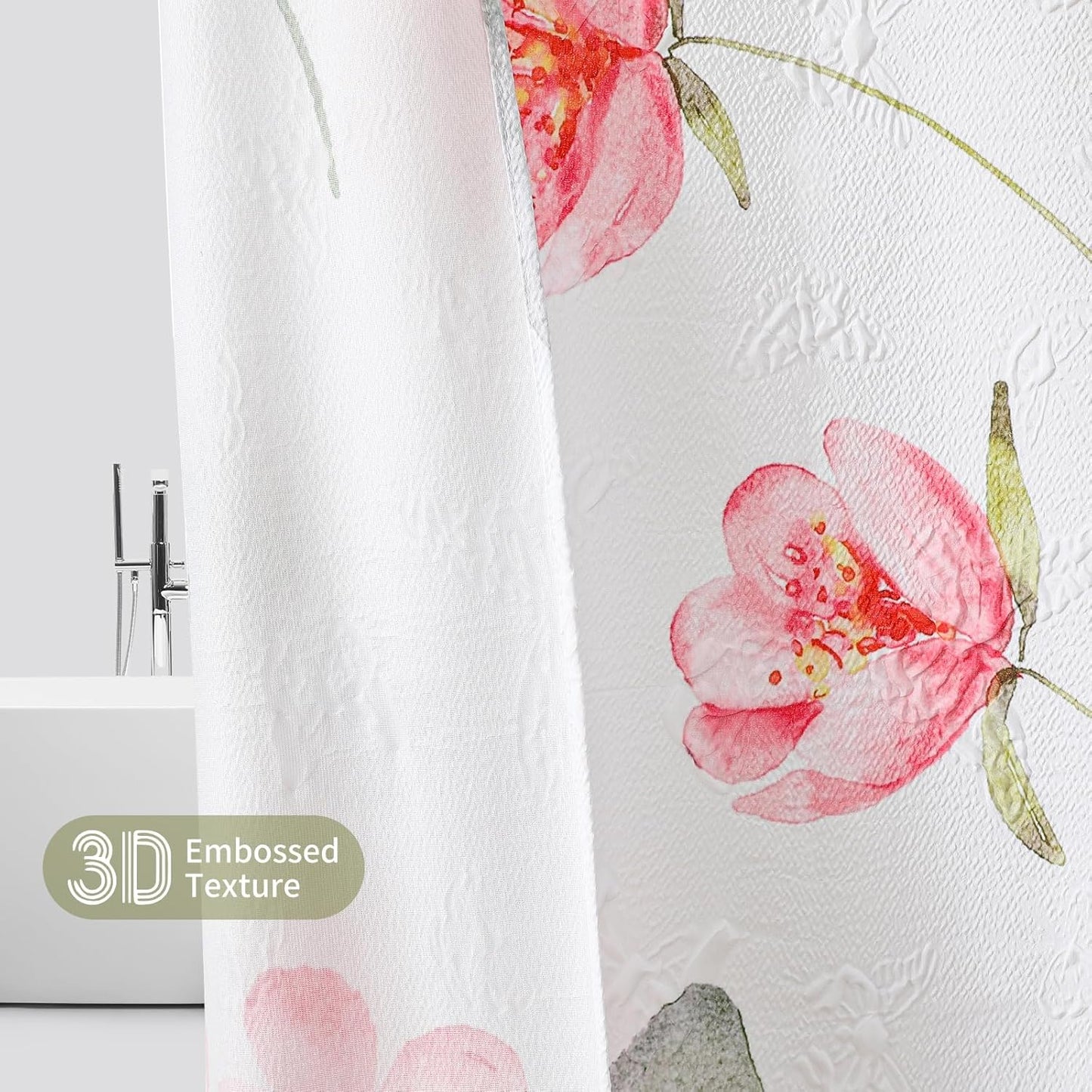 QiyI Watercolor Floral Shower Curtain, 3D Embossed Butterflies Pink Flower Bathroom Curtains, Minimalist Farmhouse Bath Curtain, Waterproof Fabric Green Leaves Shower Curtain Set with Hooks, 72x72