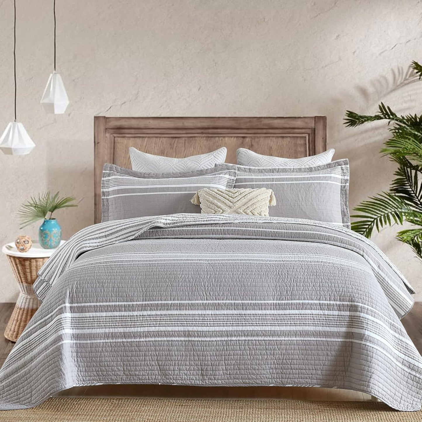 Y-PLWOMEN Quilt King Size - 100% Cotton King Quilt, Grey Striped Quilt for King Bed, Lightweight Reversible King Size Bedspread for All Season, 3-Piece