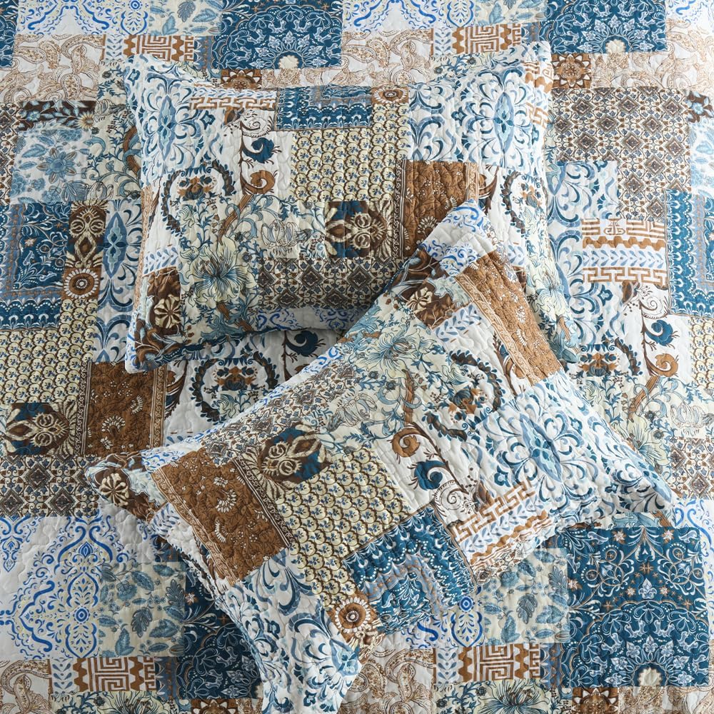 ENASAL Cotton Bedspread Quilt Bedding Sets Reversible Coverlet Comforters Blue Bohemian Rustic Floral Patchwork Pattern Bedspread for All Season,Queen Size