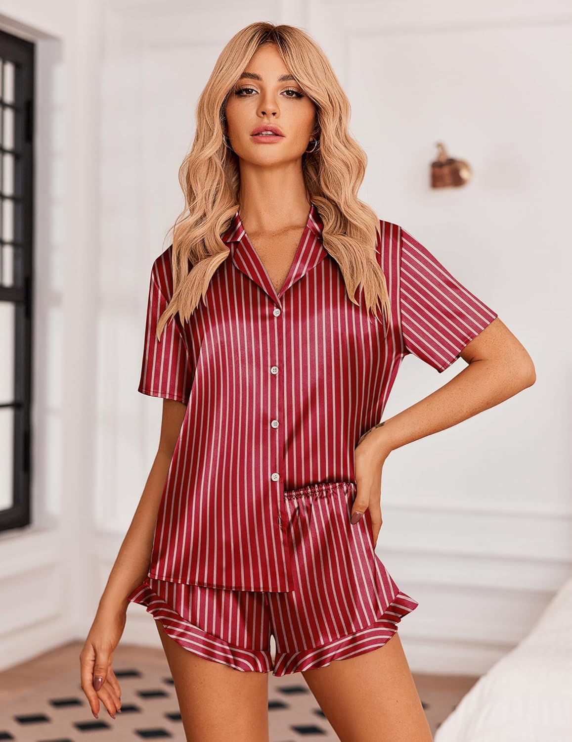 Ekouaer Womens Satin Pajamas Set Button Down 2 Piece Silk Pjs Shorts Set Ruffle Lingerie Notch Collar Sleepwear