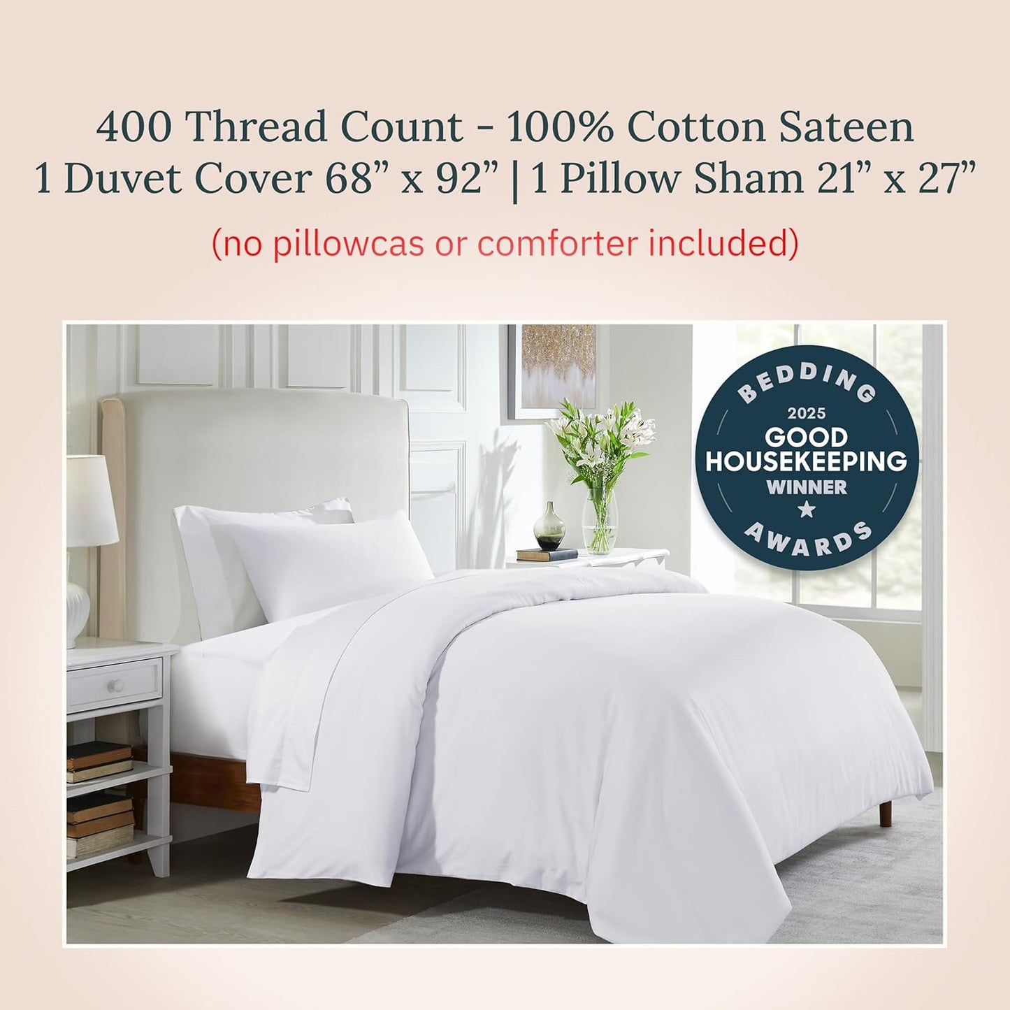 California Design Den 3 Pc Twin XL/Twin Duvet Cover Set - Winner Good Housekeeping Best Bedding Awards 2025, 400 Thread Count Sateen, 100% Cotton Duvet Covers, Button Closure, Corner Ties - White