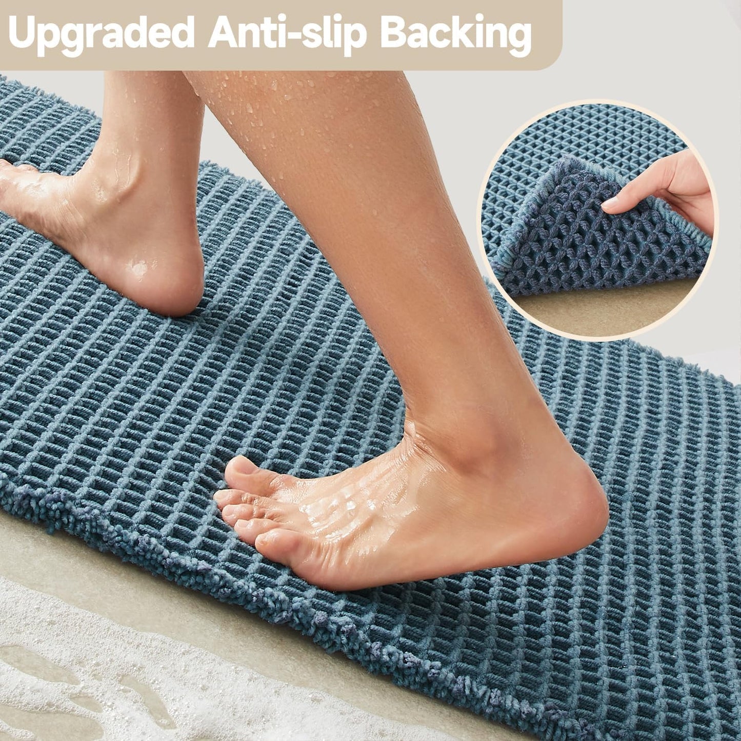 Waffle Runner Rug Bathroom, Long Boho Bathroom Rugs Non Slip Washable Super Absorbent Quick Dry Farmhouse Bath Decor, 60"x24" Denim Blue