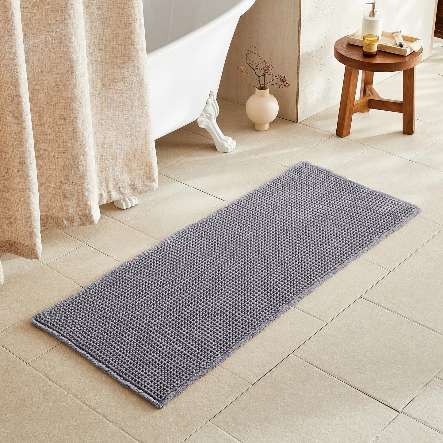 Waffle Runner Rug Bathroom, Long Boho Bathroom Rugs Non Slip Washable Super Absorbent Quick Dry Farmhouse Bath Decor, 60"x24" Grey