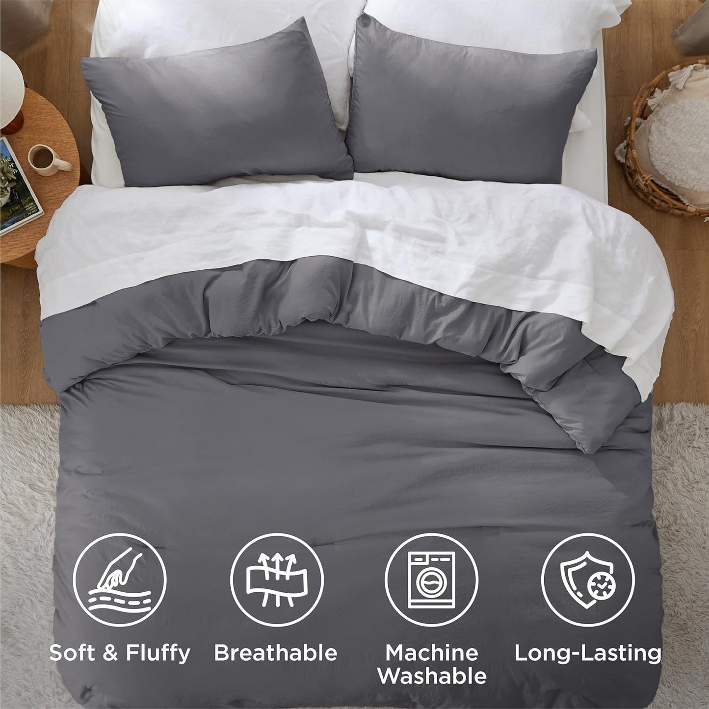 Bedsure Super King Plus Size Comforter Set, Dark Grey Soft Prewashed Bedding for All Seasons, 3 Pieces GentleSoft™ Bed Set, 1 Lightweight Comforter (128"x120") and 2 Pillowcases (20"x36")