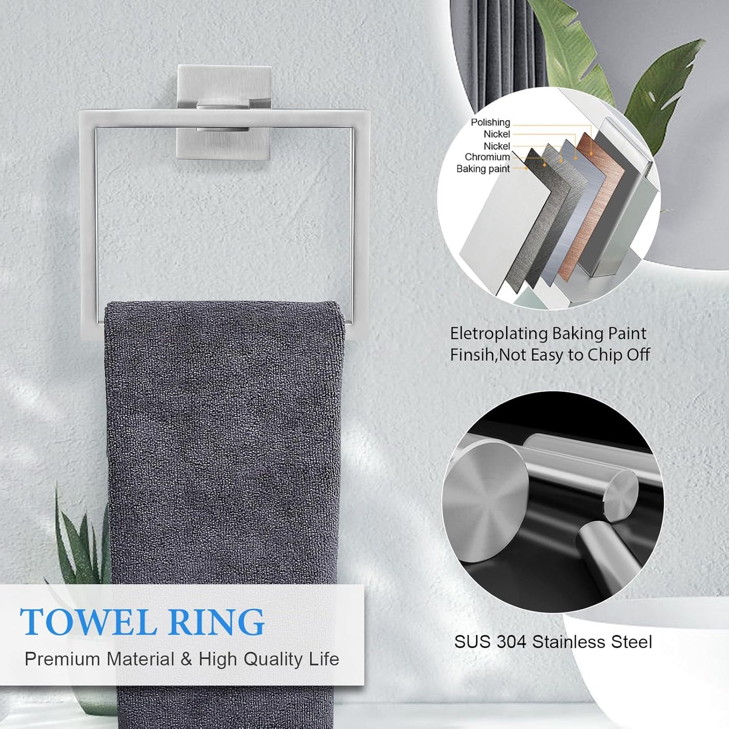 Brushed Nickel Bathroom Towel Bar Set Bathroom Accessories Hardware Set Including Double Towel Bar Towel Ring Coat Hook and Toilet Paper Holder with Shelf. Wall Mounted Stainless Steel