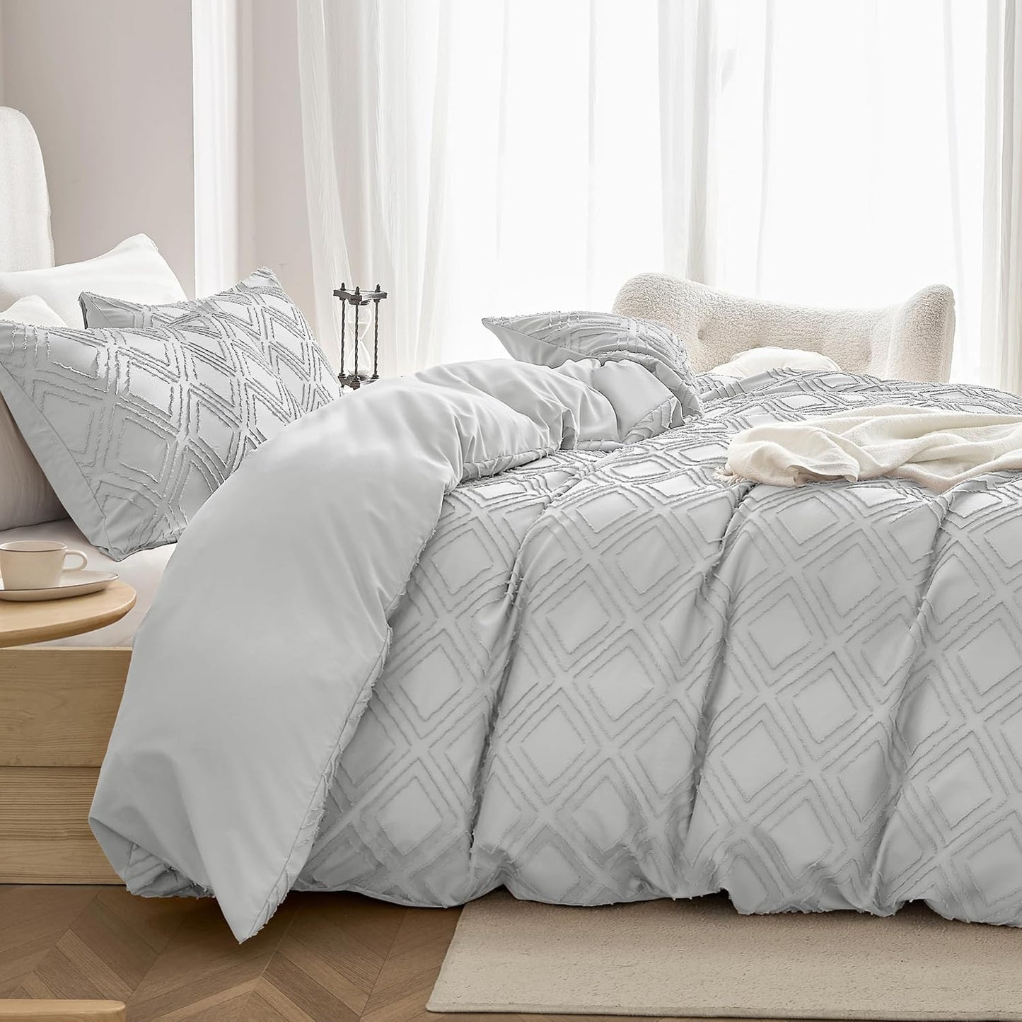 JELLYMONI Duvet Cover King Size Light Grey - 3PCS Boho Duvet Cover Set Plaid Polyester Tufted Bohemian Jacquard Knit Textured Comforter Cover 104×90in Rhombic Geometric Pattern Zipper Corner Tie