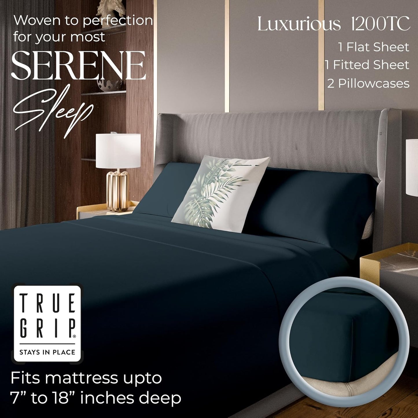 1200 Thread Count Cotton Rich Full Dark Blue Sheets Set, Ultra Soft & Silky Luxury Sateen Bed Sheets, Moisture Wicking & Wrinkle Resistant (1 Flat Sheet, 1 Fitted Sheet & 2 Pillowcases)