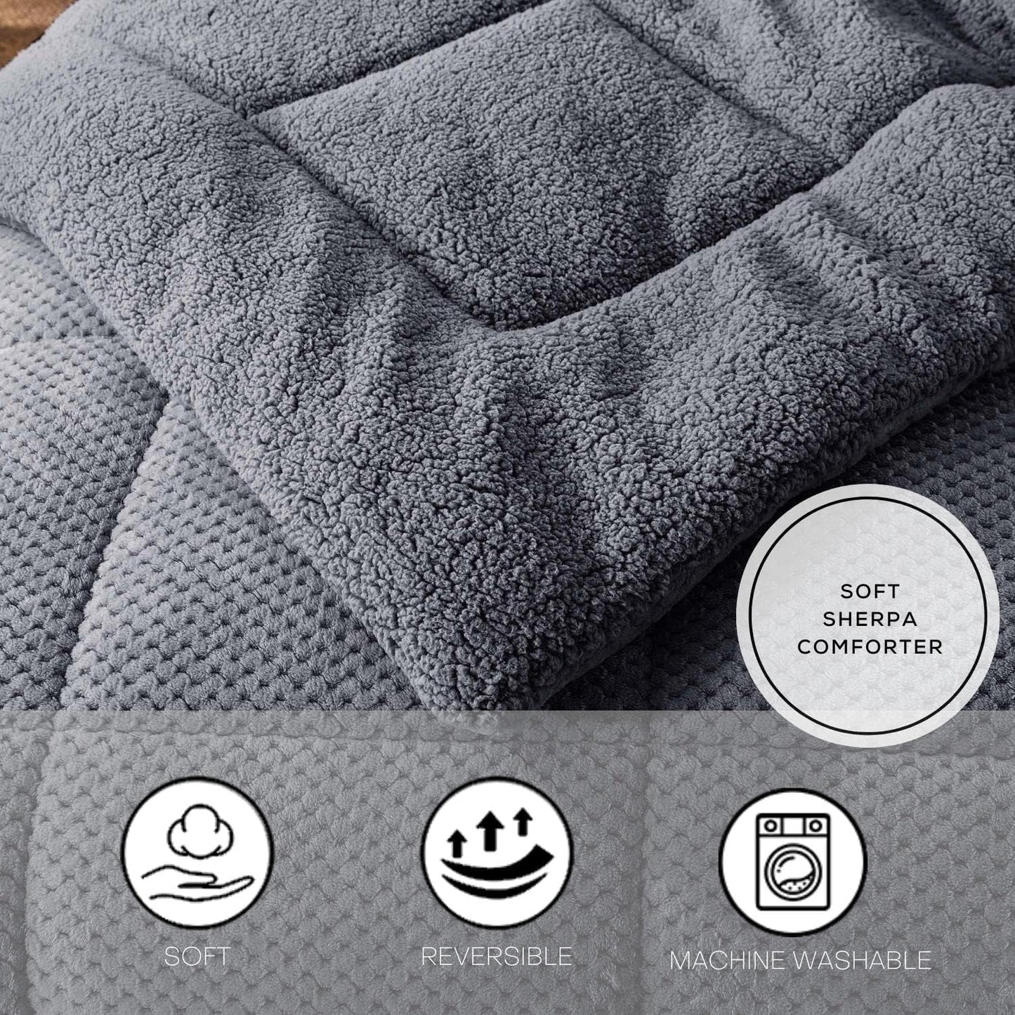 KASENTEX Super Ultra Soft Luxury Plush Sherpa Comforter, Cozy Reversible Fleece - Goose Down Alternative Fill, Machine Washable Bedding, Excalibur Grey, King Size