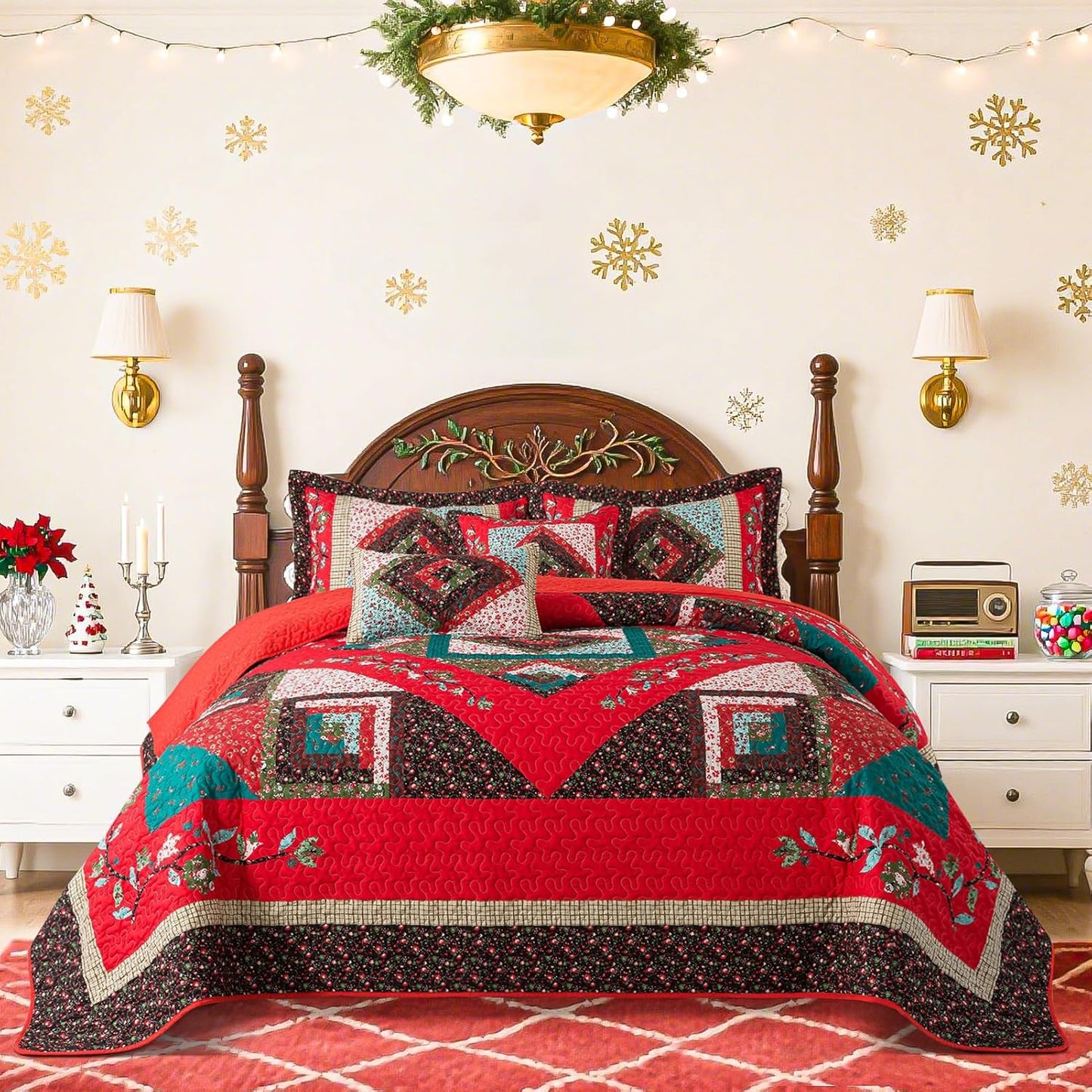 BEDIFANY Christmas Queen Size Quilt Set - Cotton Bedspreads Queen for Bed - Lightweight Farmhouse Queen Quilt Bedding Sets for All Seasons, 3 Pieces