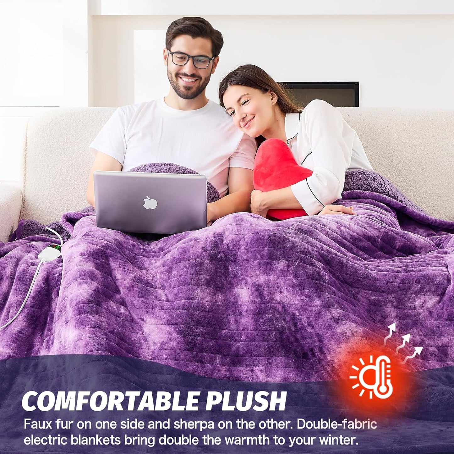 greenoak Heated Electric Blanket Throw, Faux Fur Sherpa Heating Blanket for Sofa Bed, Warm Winter Gifts for Women/Her, Heater Lap Blankets 5-Position Timer &10 Heating Levels 72''*84" Purple