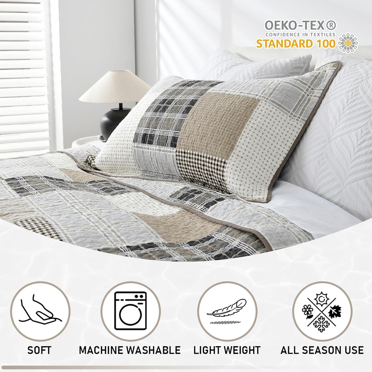 KALOOLA Plaid King Quilt Set, 100% Cotton Beige King Quilt Bedding Set, Farmhouse Reversible Quilted Bedspread Coverlet with 2 Pillow Shams, Lightweight Thin Comforter for All Season, 3 Pieces