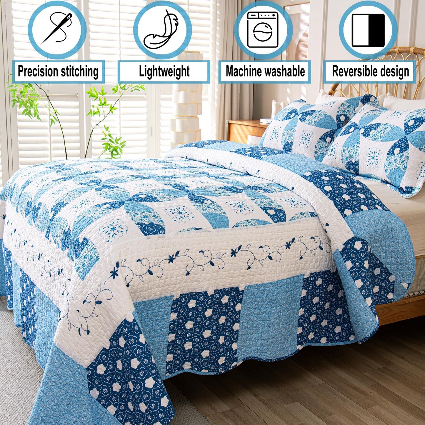 Cmfshape Blue Quilt Sets Bedspread Set 100% Cotton Patchwork Coin Pattern Bedding Set,All Season Use Lightweight Reversible Coverlet Quilts with 2 Pillow Shams(King 106"x96")