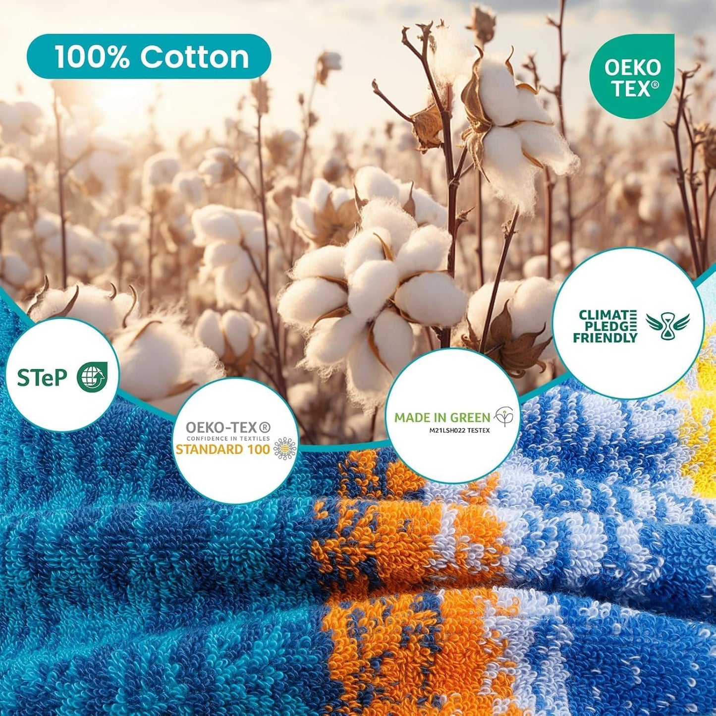SEMAXE Bath Towel Set of 8 Include 2 Bath Towels, 2 Hand Towels, 4 Washcloths, 100% Cotton Bathroom Towels with Hanging Loops and Nano-Bio Lifecycle Labels,Colorful Towel - The Starry Night Collection