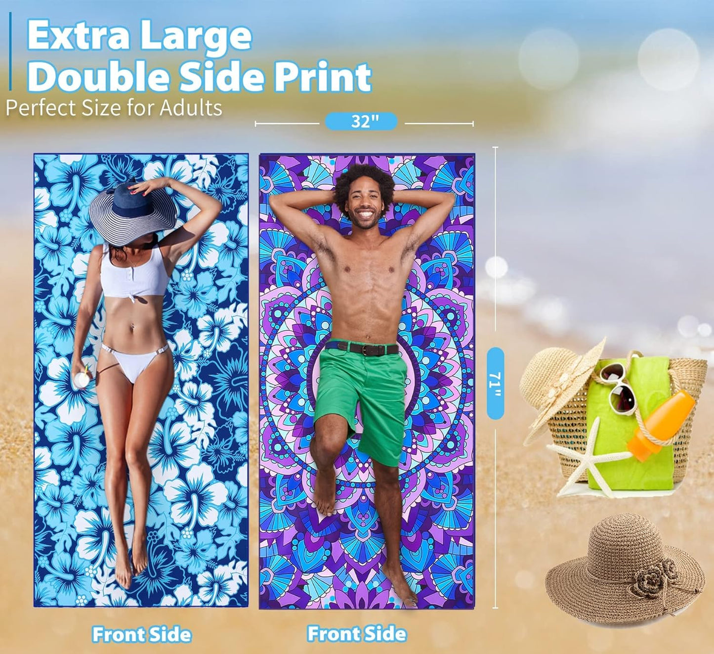 2 Pack Microfiber Thin Beach Towel Lightweight 71x32 Oversized Extra Large Sand Free Towels Quick Dry for Travel Pool Yoga Gym Sports Beach Accessories Vacation Essential Gift