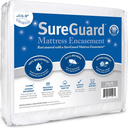 Full XL (6-8 in. Deep) SureGuard Mattress Encasement - 100% Waterproof, Bed Bug Proof, Hypoallergenic - Premium Zippered Six-Sided Cover