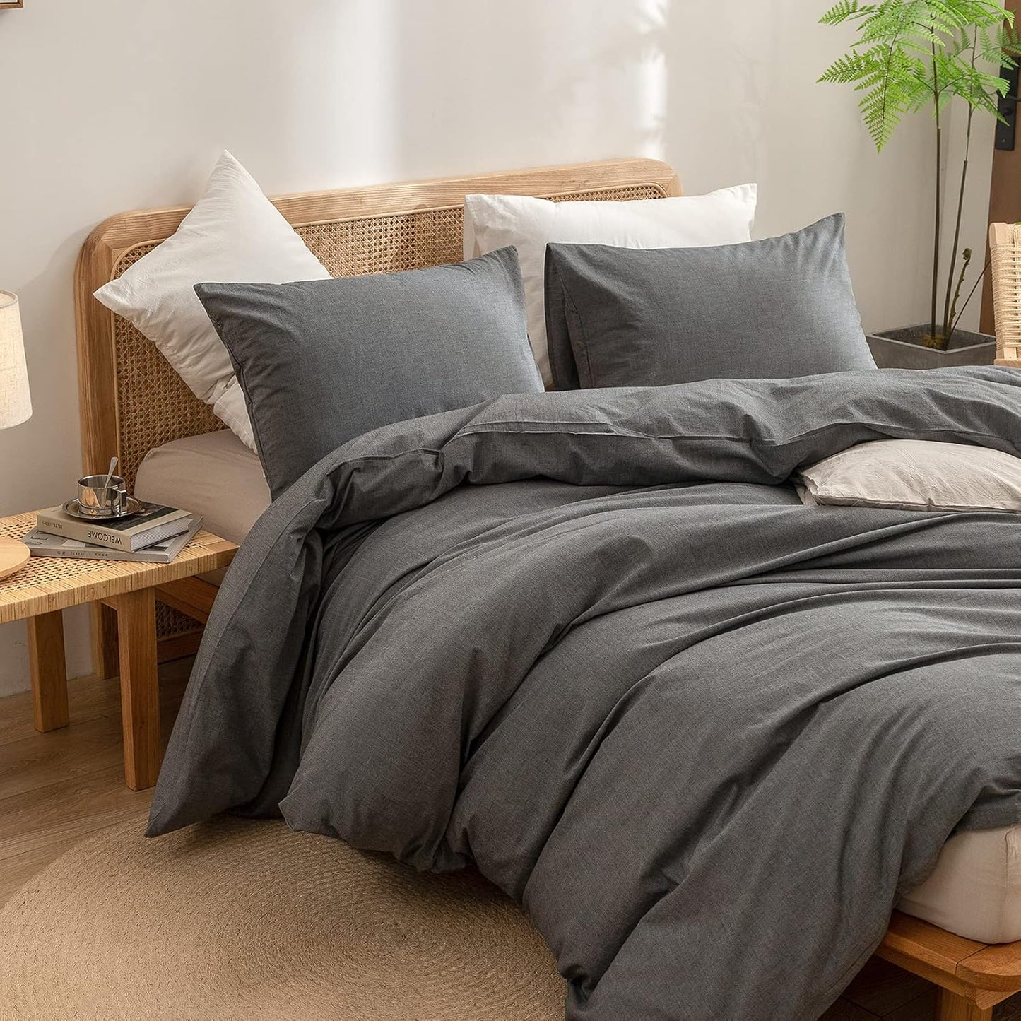 BESTOUCH Duvet Cover Set 100% Washed Cotton Linen Feel Super Soft Comfortable Chic Lightweight 3 PCs Home Bedding Set Solid Dark Grey Queen