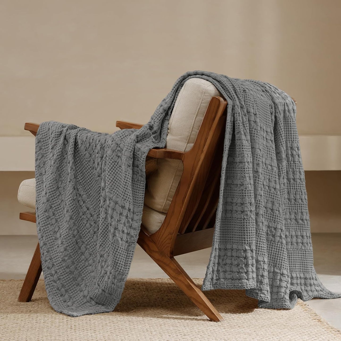 PHF 100% Cotton Waffle Weave Throw Blanket, Soft Lightweight Breathable Cozy Throws for Couch Bed Sofa, Luxury Aesthetic Woven Blanket for Home Decor & Office, 50"x60", Dark Grey