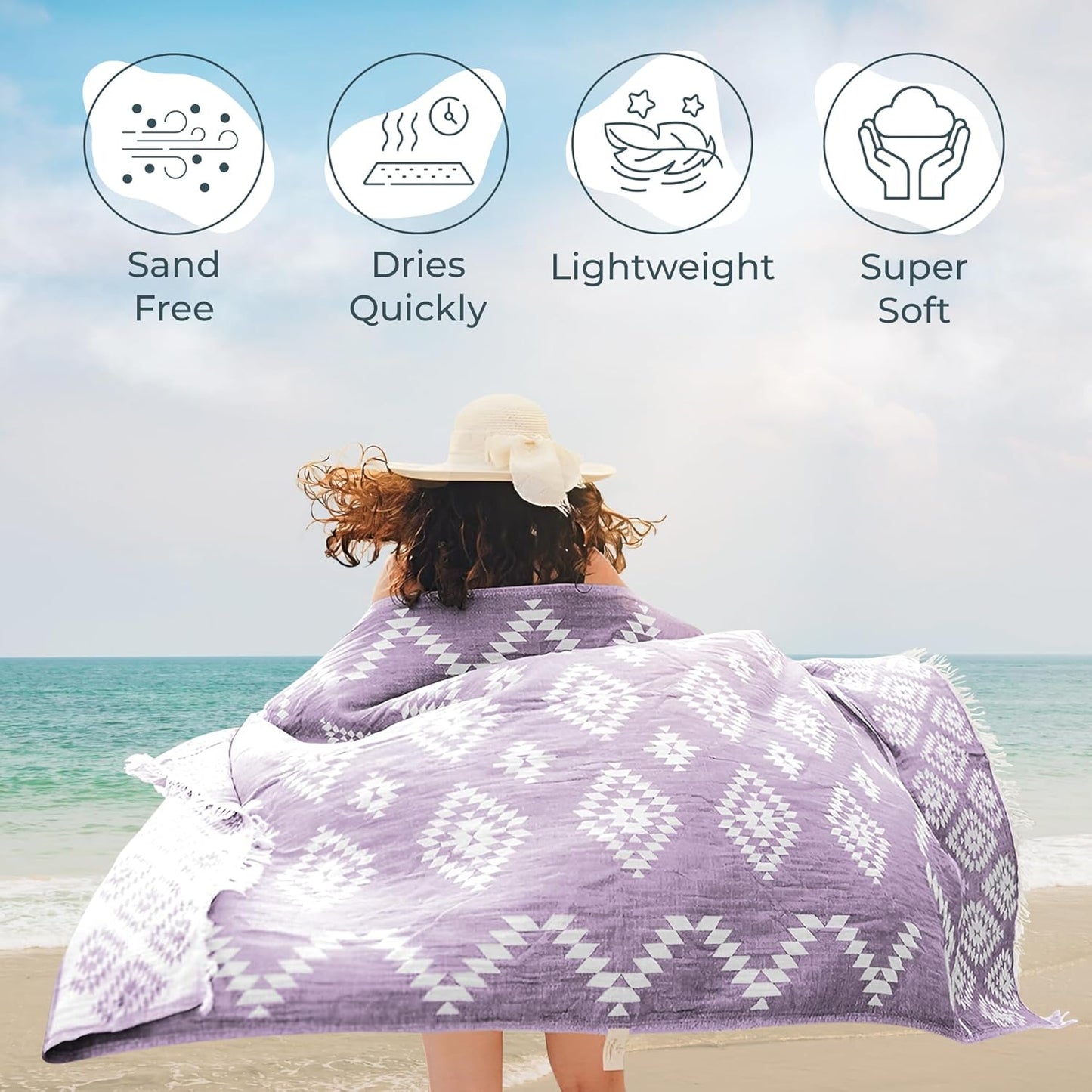 Turkish Towels Beach Towels Oversized (35”x67”) Beach Towels for Adults Quick Dry and Sand Free Beach Towel Beach Blanket 100% Cotton Turkish Towel - Lilac Purple