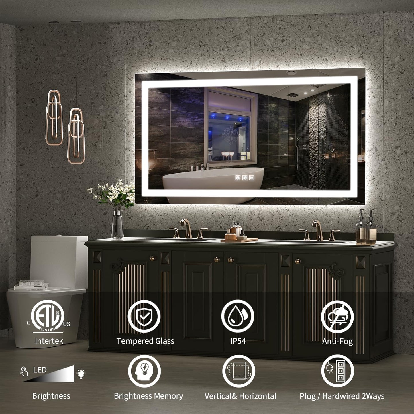 LED Mirror for Bathroom, 55x30 Inch Backlit + Front Lighted Bathroom Vanity Mirror with Lights, Double Light Strips, 3 Colors, Shatter-Proof, Anti-Fog and Brightness Memory