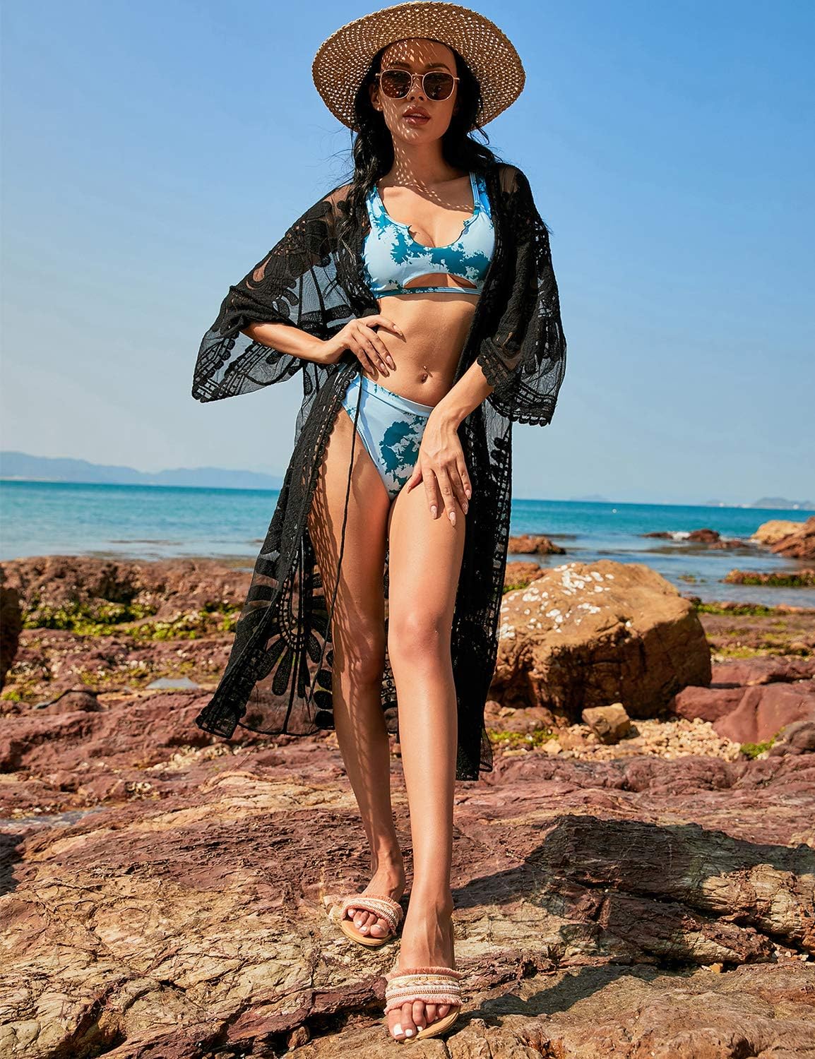Blooming Jelly Womens Bathing Suit Cover Up 3/4 Sleeve Mesh Swimsuit Coverup Long Floral Beach Lace Kimono Summer Cardigan