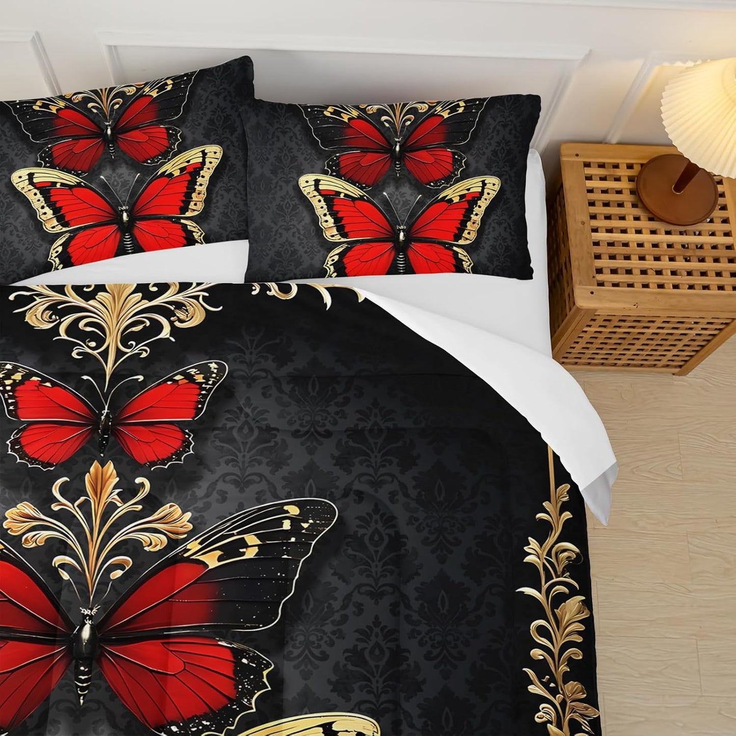 Red and Gold Butterfly Comforter Sets Queen Size Bed Set，Gothic Queen Size Bedding Set，with 1 Comforter with 2 Pillow Case，Butterfly Themed Bedroom Decor