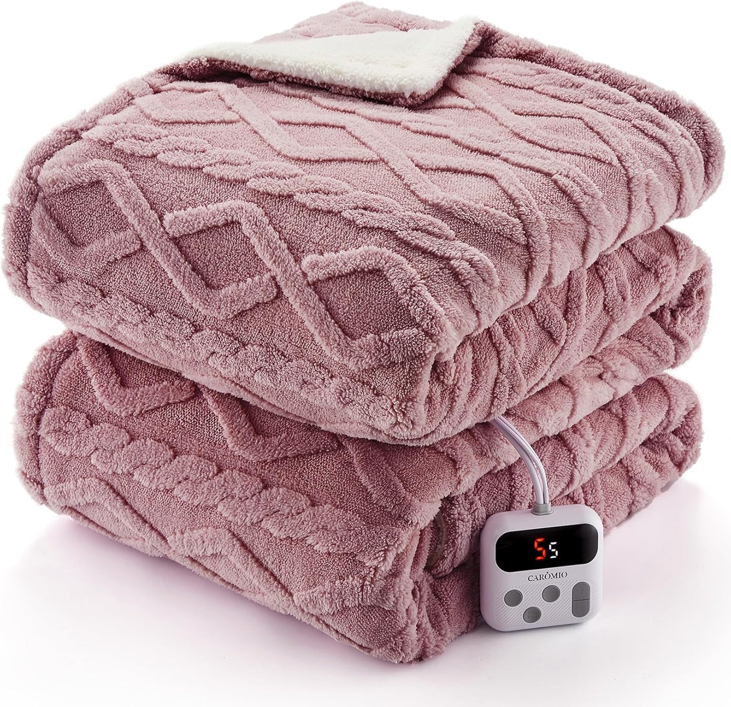 CAROMIO Electric Blanket Twin Size - Thick Tufted Sherpa Heated Blanket Twin with 6 Heating Levels and 8 Time Settings, UL Certified Machine Washable Fast Heating Blanket Twin 62"×84", Dusty Pink