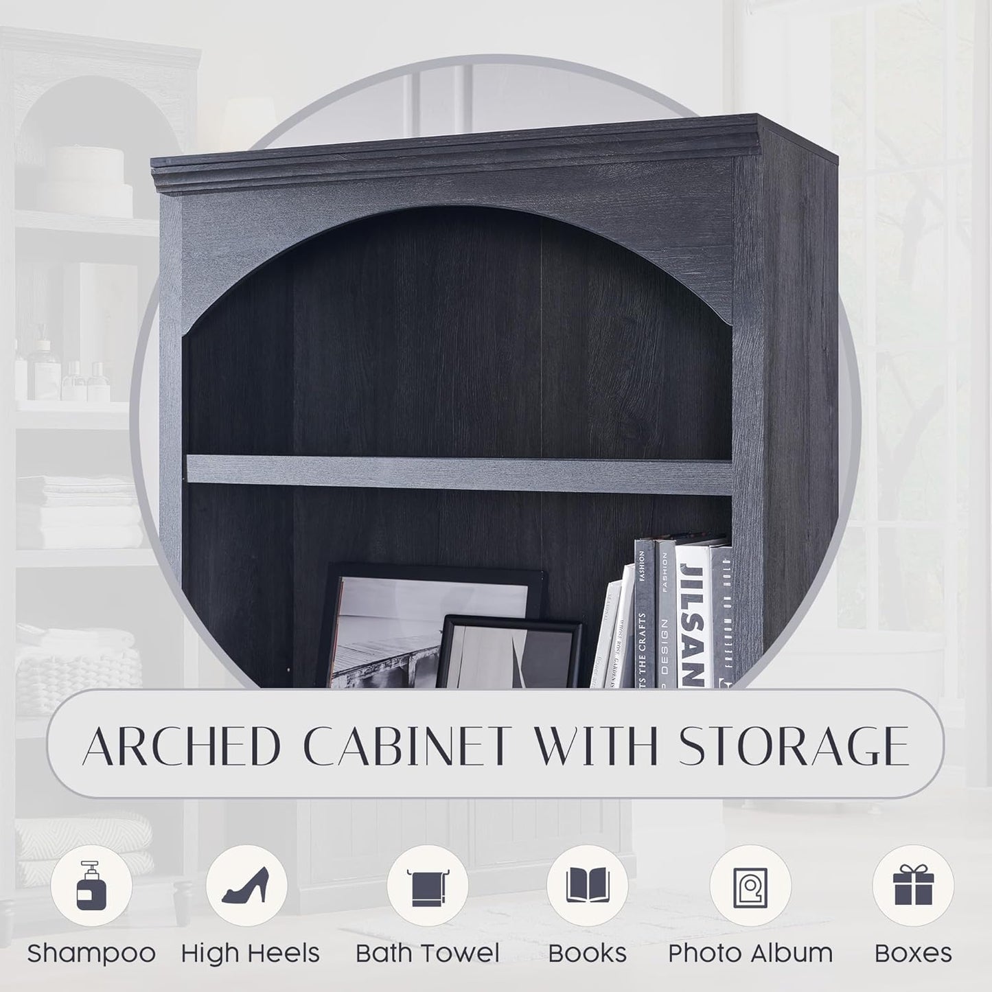 76" Tall Arched Bathroom Storage Cabinet, 5 Tiers Large Farmhouse Arched Cabinet w/Adjustable Shelves, Modern Wooden Storage Cabinet for Bathroom, Living Room, Entryway, Study Room (Dark Grey)