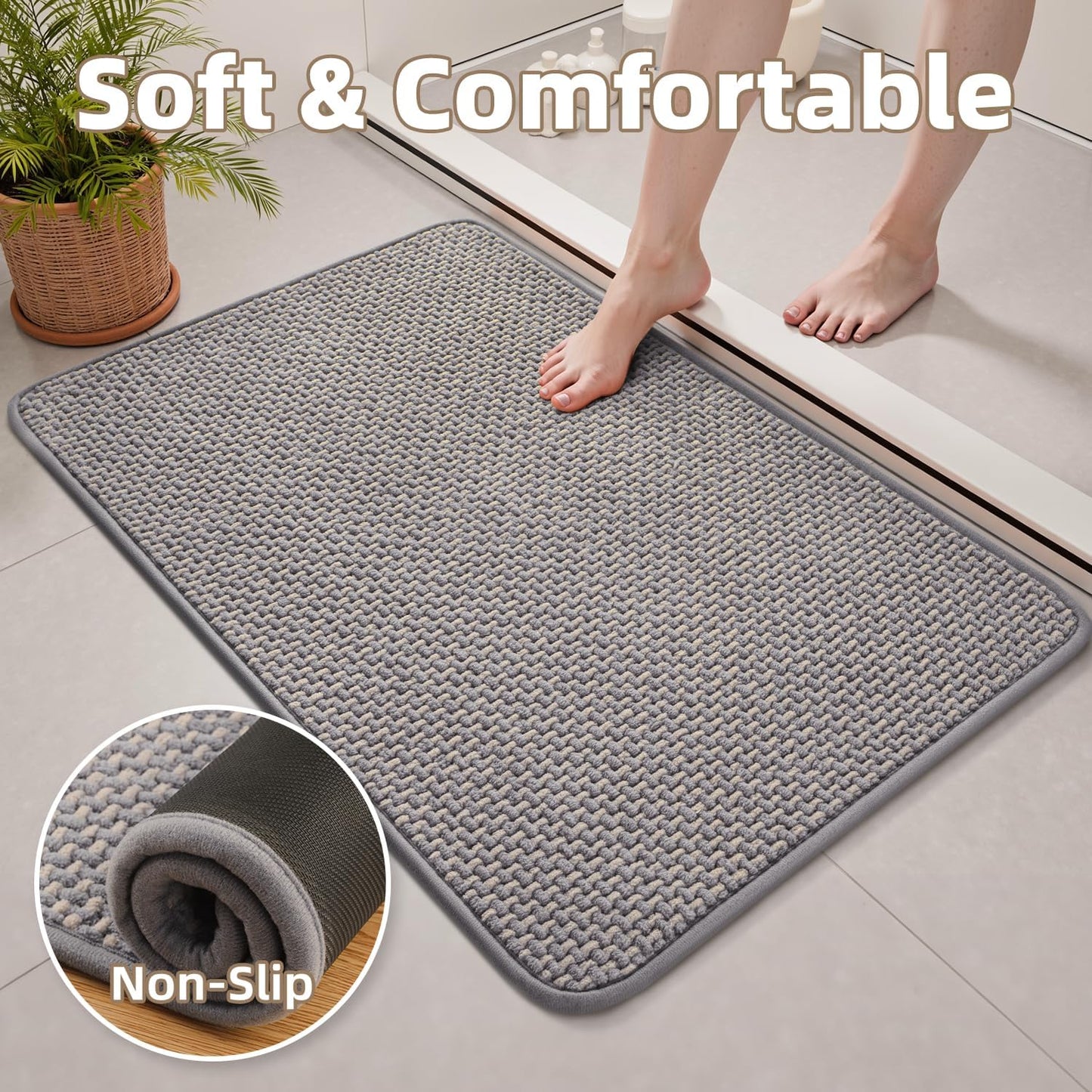 PADOOR-Bath Mat-Super Absorbent Chenille Bathroom Mats-Rubber Backed Bath Mats for Bathroom Non Slip, Easy Clean Bathroom Rugs Front of Bathtub,Shower Room,Sink-17×35, Grey&Beige