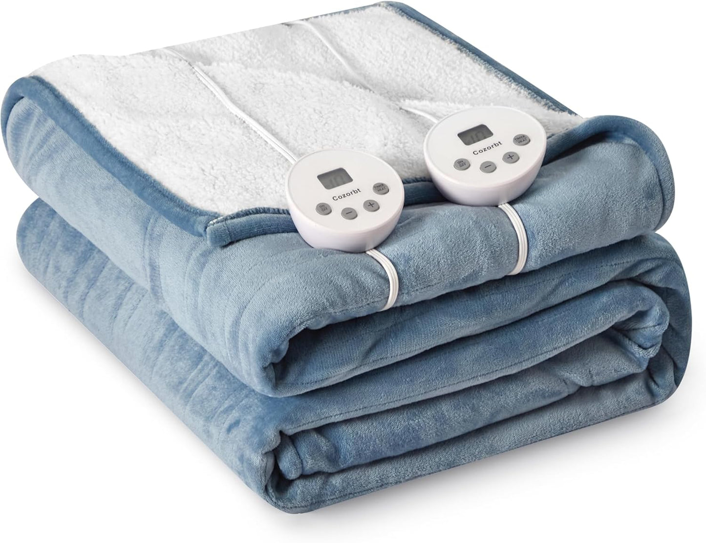 Heat Blanket 84”x90” Queen Size-Dual Control，Soft Flannel & Sherpa Electric Blanket with 10 Heat Settings,12 Timer Setting and 8 Hours Auto-Off,ETL Certified Machine Washable,Light Blue