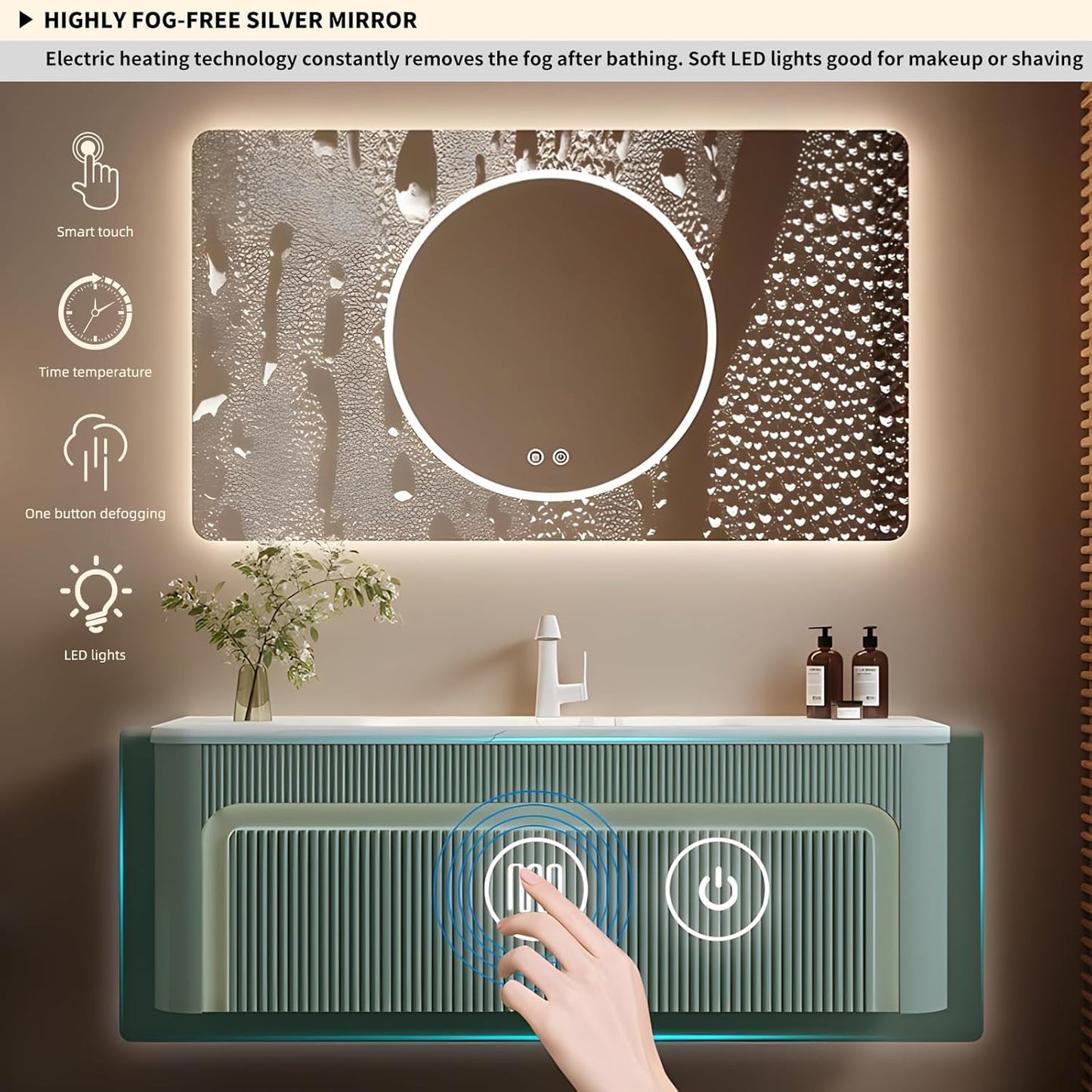 36” Bathroom Vanity Set, Floating Bathroom Vanities with Single Sink, Smart Defog Mirror Cabinet and LED Strip Light, Oak Wood Elegant Bathroom Cabinet with Storage Space (Milk Coffee)