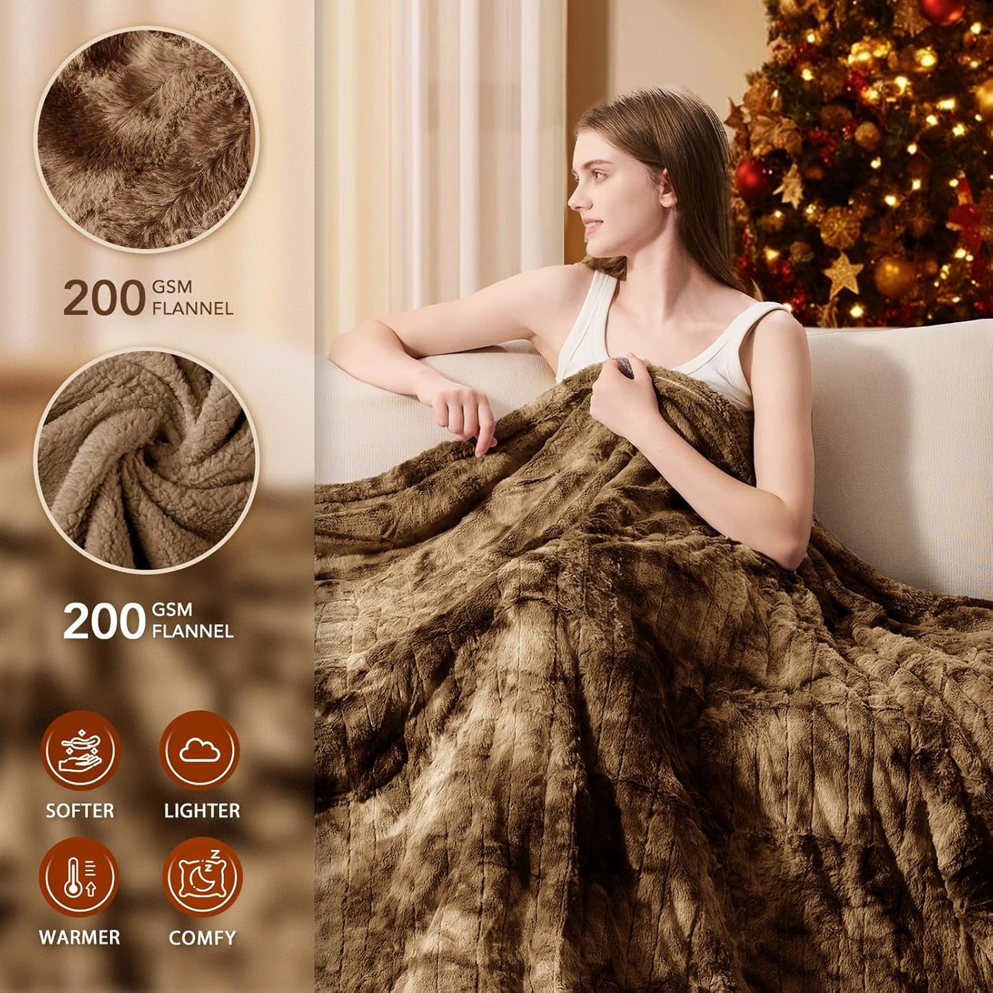 Homemate Heated Blanket Electric Throw - 50"x60" Heating Blanket Throw 1/2/4/6/8 Hours Auto-Off 10 Heat Levels Over-Heat Protection Luxury Faux Fur Sherpa ETL Certification