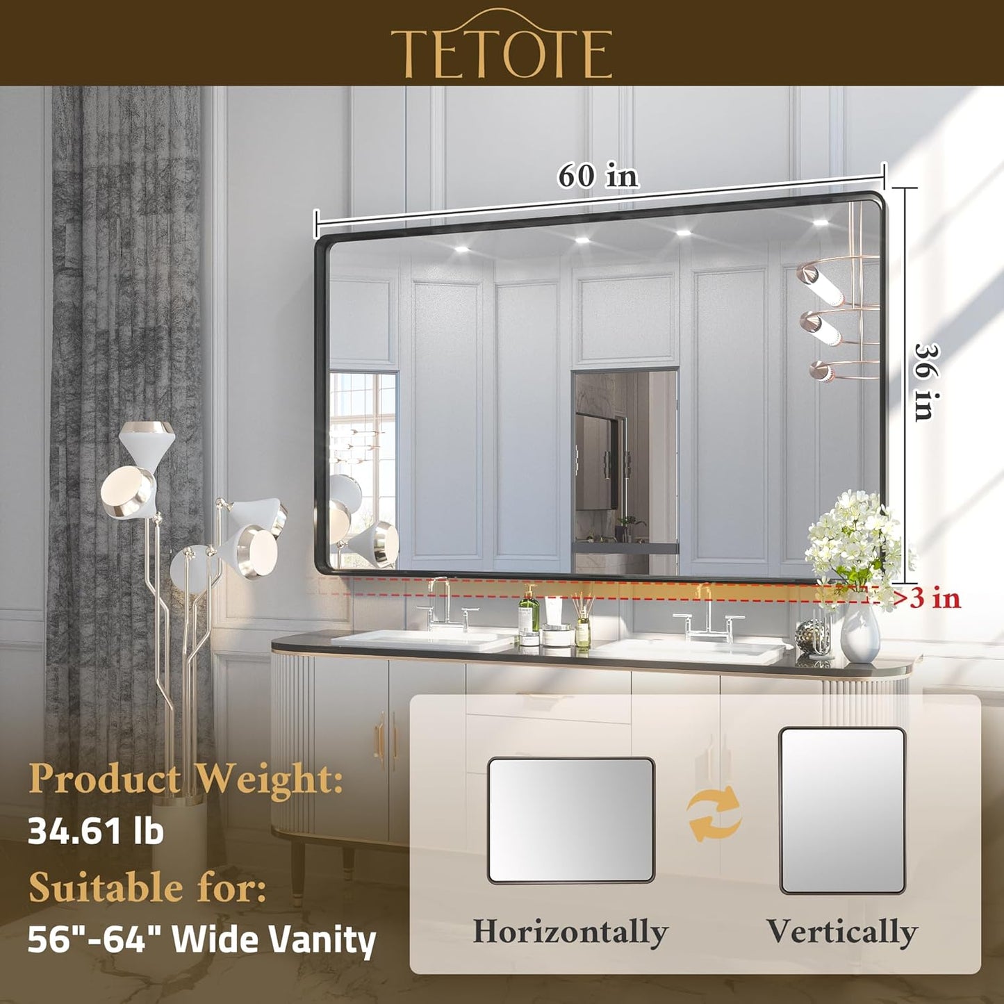 TETOTE 60 x 36 Inch Mirrors for Bathroom, Brushed Brass Gold Vanity Mirror, Large Rectangular Metal Frame Modern Wall Mirror for Living Room Shatterproof (Horizontal/Vertical)