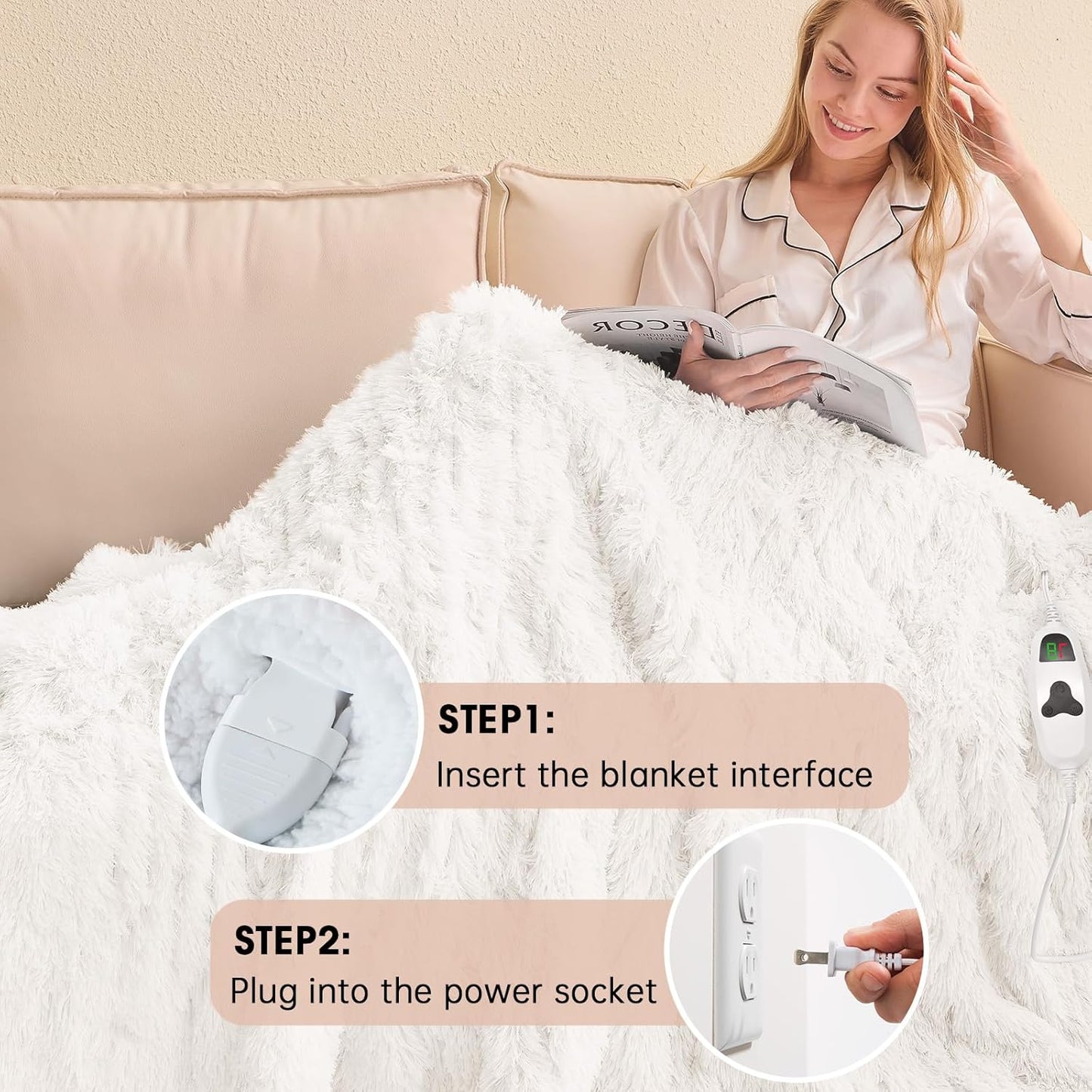 Heated Electric Blanket Throw–Faux Fur with Soft Thick Sherpa,Warm Winter Birthday Gifts for Women Grandma,10 Heat Settings,5 Time Settings with Fast Heating, 50x60, Snow Cloud