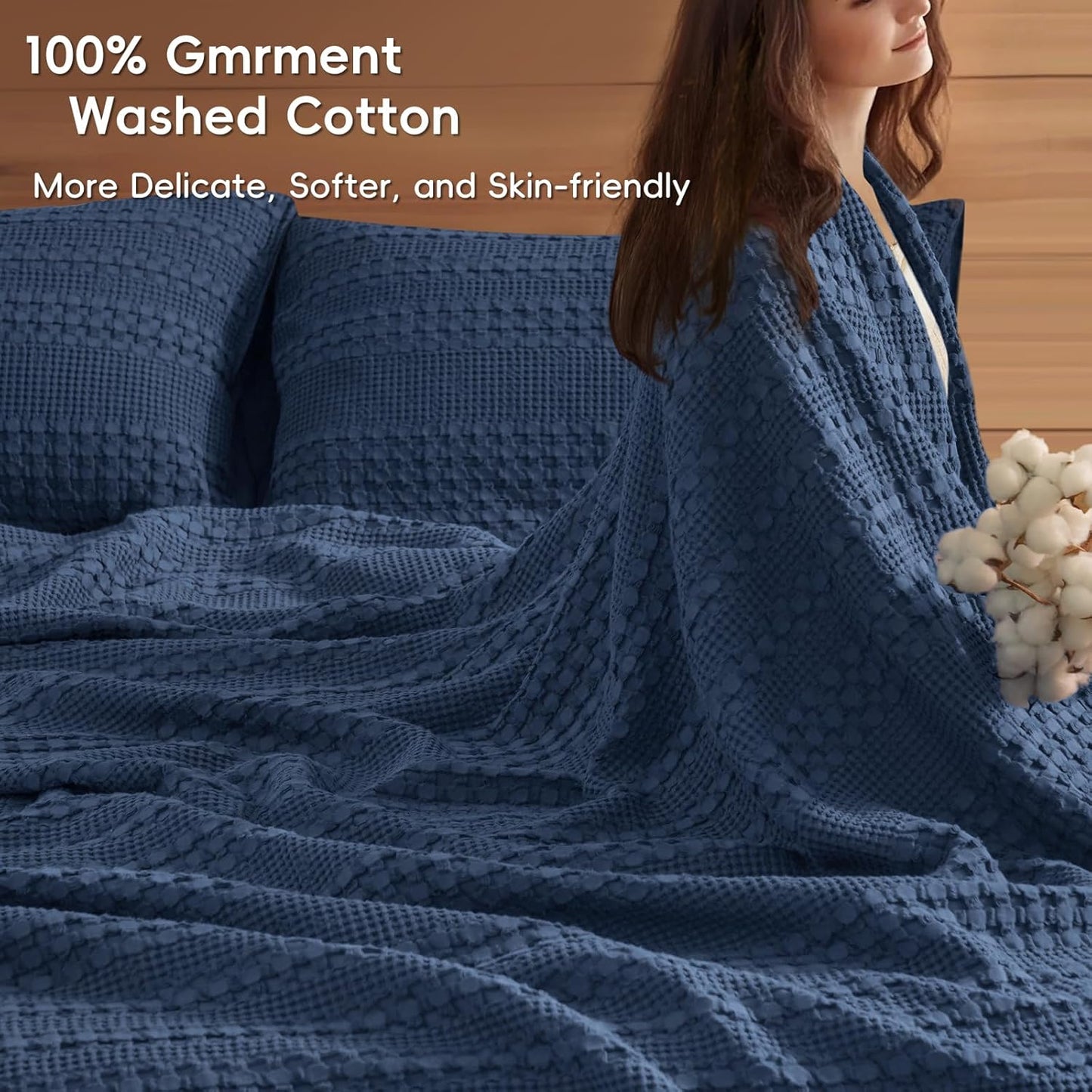 PHF 100% Cotton Waffle Weave Blanket King Size for Bed, Soft Lightweight & Breathable, All-Season Comfort, Luxury Aesthetic Woven Bedding for Home Decor, 108"x90", Blue Sapphire