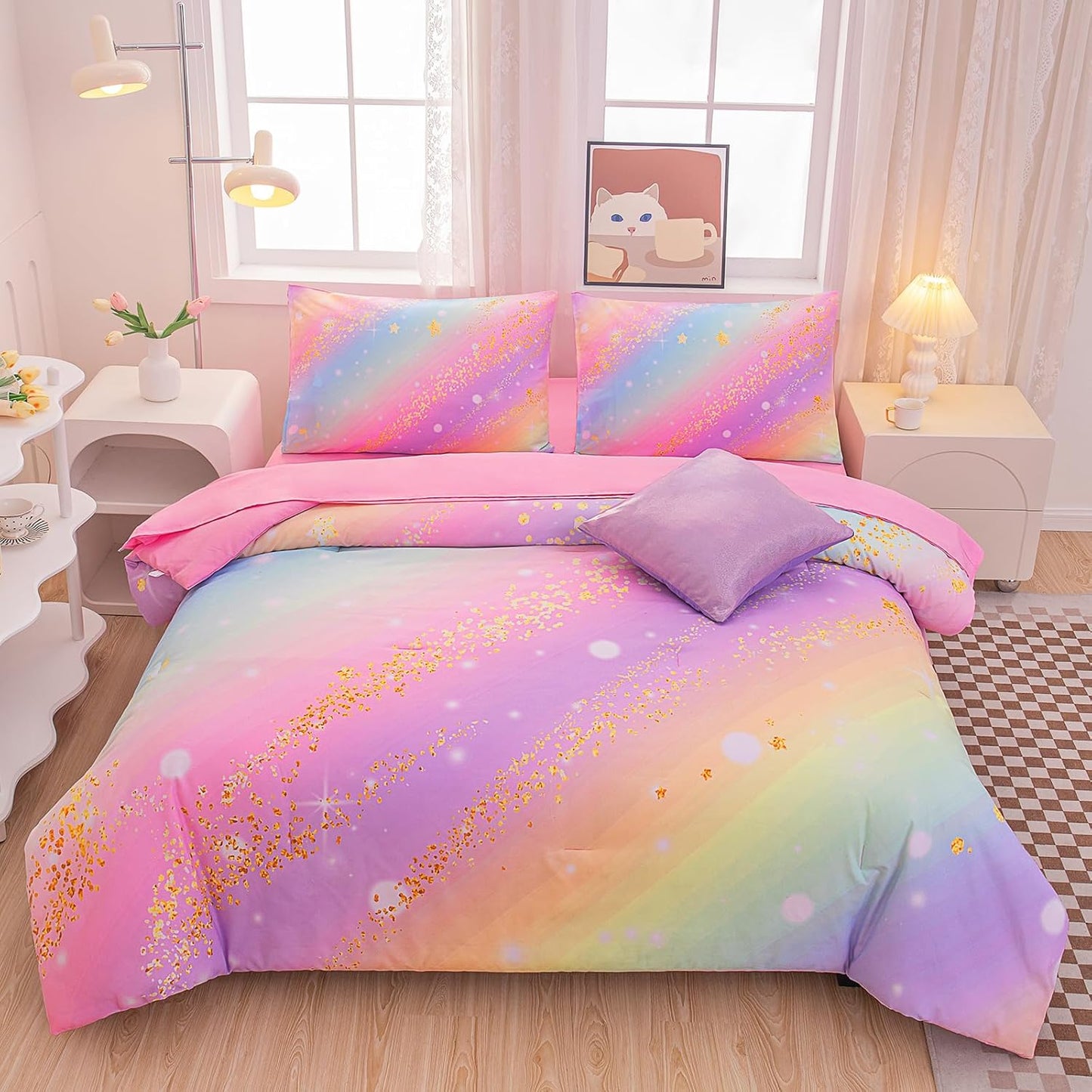 Rainbow Bedding Set Twin Size – 6-Piece Reversible Girls Comforter with Deep-Pocket Sheet, Gradient Galaxy Design, Whole-Piece Filling, Machine Washable Bed-in-a-Bag for Kids Room Makeover & Gifts