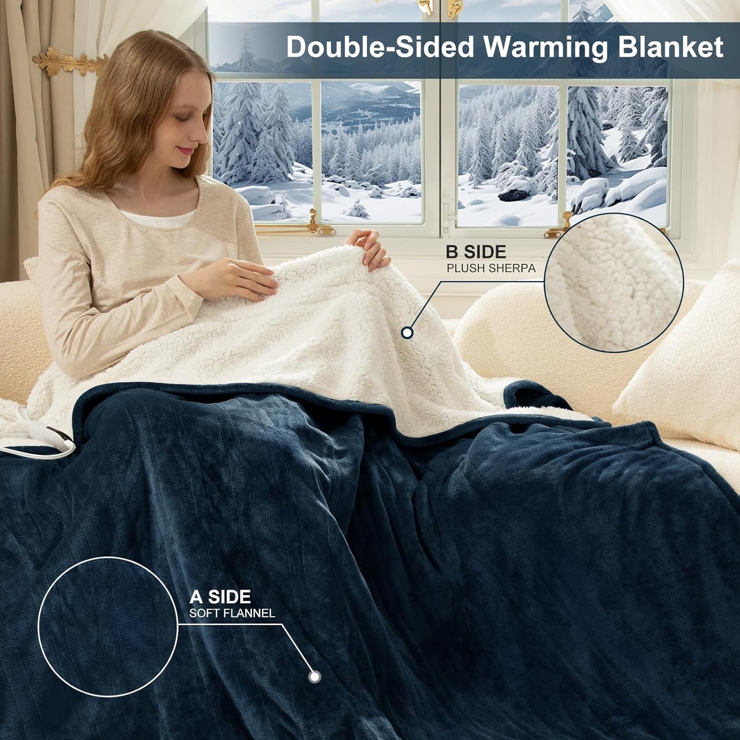 Heating Blanket Full Size - 72" x 84" Flannel Sherpa Heated Blanket with Fast Heating, 6 Heating Levels, 1-10 Hours Timer Settings, Overheat Protection, Washable Electric Blanket, Navy