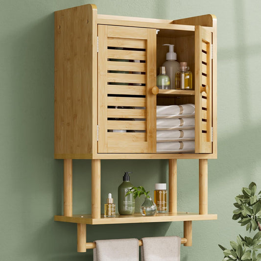 AmazerBath Bathroom Wall Cabinets, Bamboo Medicine Cabinets with Towel Bar, Wall Mounted Storage Cabinet with Adjustable Shelves, 2 Doors Over The Toilet Storage for Small Spaces,8.3x16.5x26.6 Inches