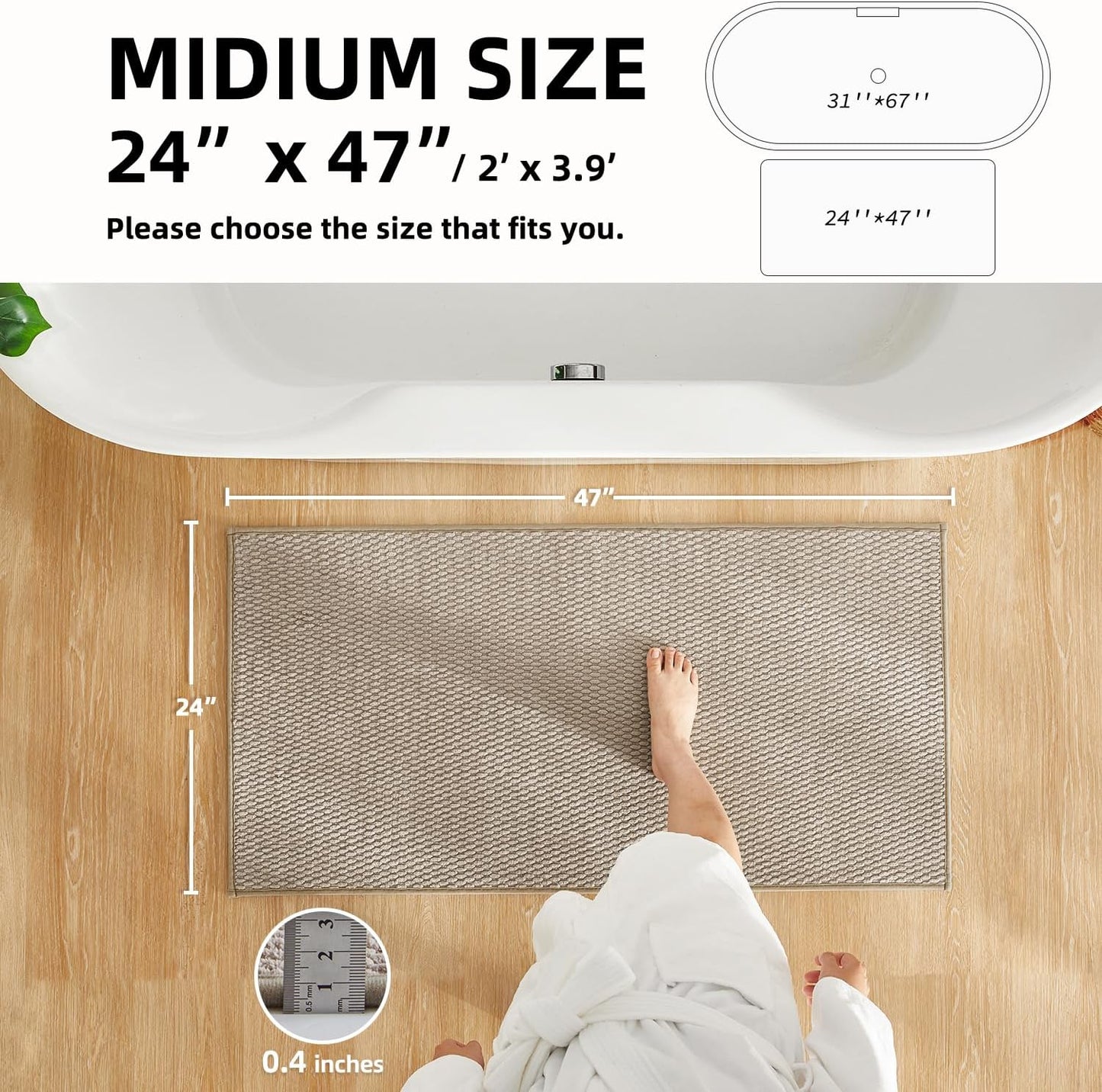 Bathroom Rugs Non Slip Washable, Super Absorbent Thin Bath Mat Quick Dry Low Pile Bathroom Rug, Beige 24"x47"