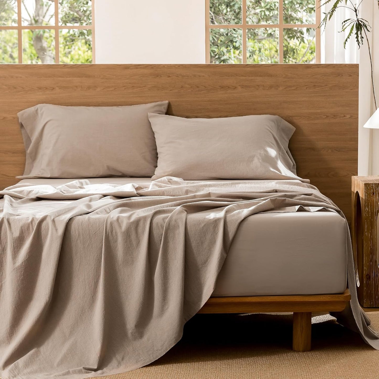 MooMee Bedding Sheet Set 100% Washed Cotton Linen Like Textured Breathable Durable Soft Comfy (Heathered Taupe, Queen)