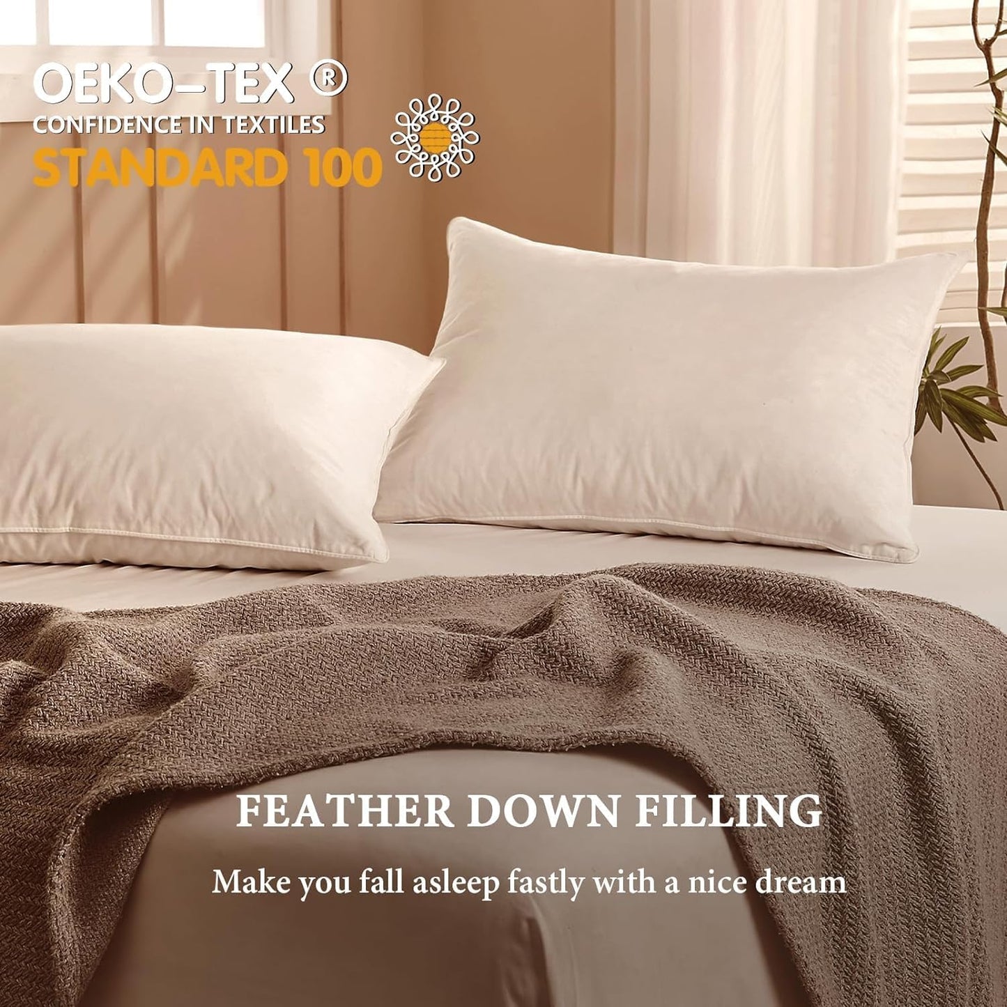 BHZ Goose Down Feather Standard/Queen Pillow, Luxury Hotel Collection Bed Pillow for Sleeping, Firm Soft Support for Side & Back Sleepers for Apartment College Dorm Room Essentials, White