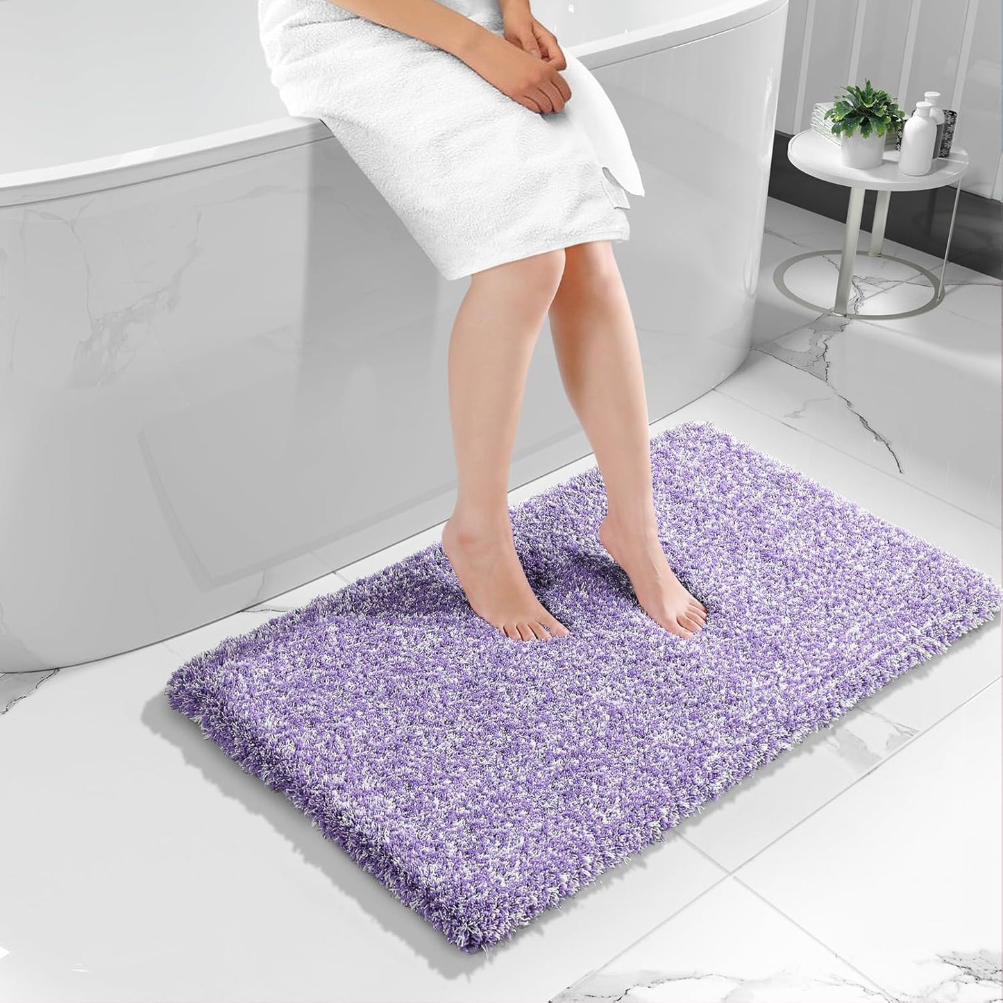 Yimobra Luxury Bathroom Rugs, Fluffy Bath Mats, Non Slip, Water Absorbent Microfiber, Machine Washable, Plush Runner Carpet Shower Rugs, Thick Matts for Bathroom Floor&Tub, 44"x 24", Purple and White
