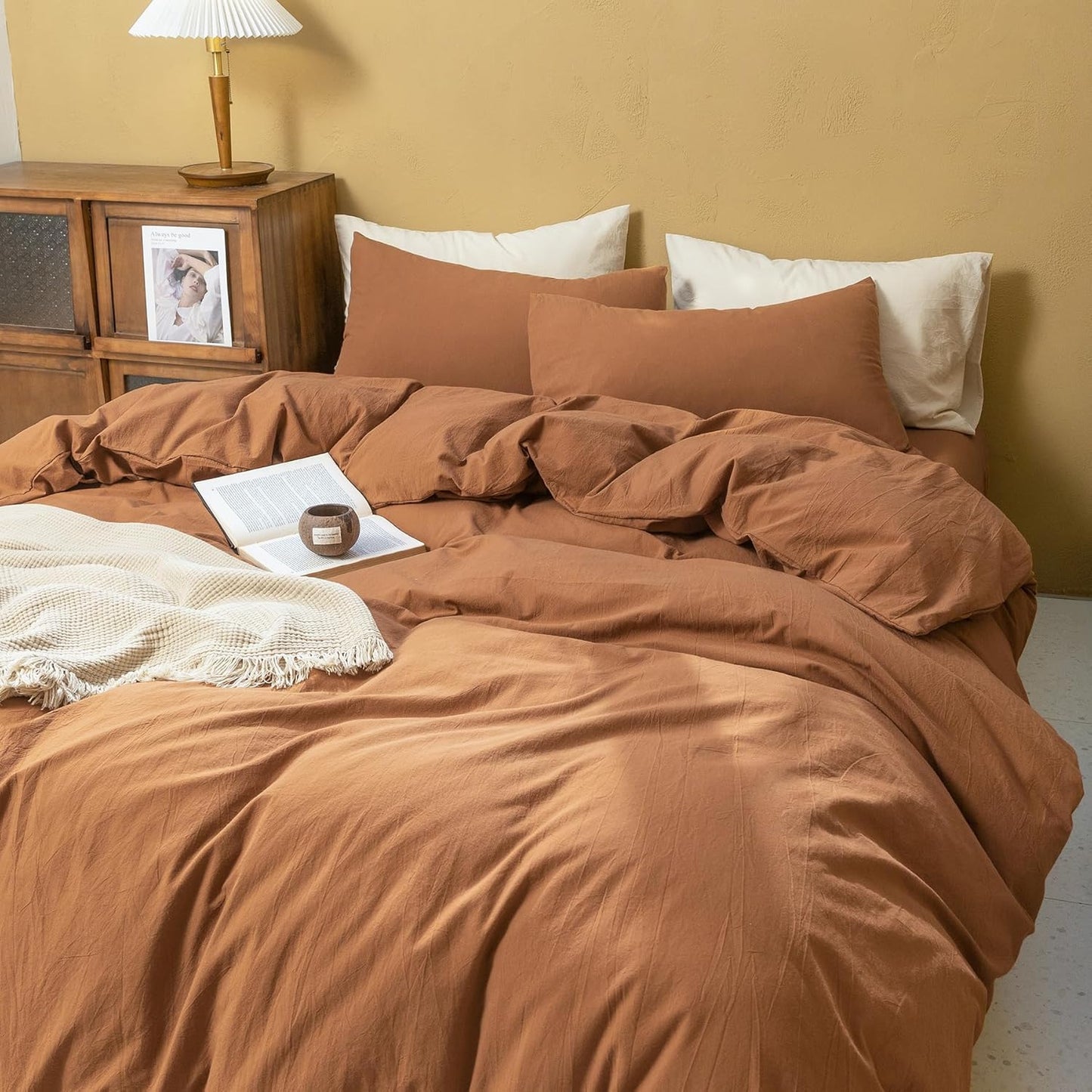 FOSSA Linen Duvet Cover Set 100% Washed Cotton Linen Feel Super Soft Breathable Cozy Simple Style 3 Pieces Bedding Sets Solid Dark Orange King