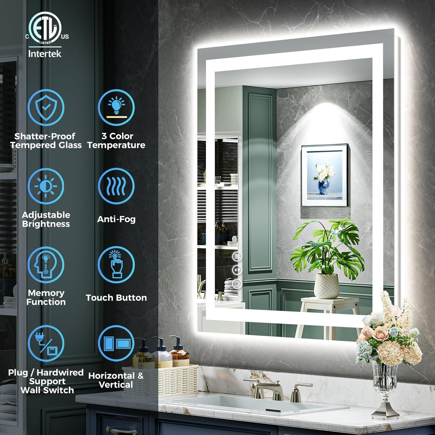 20x28 Inch LED Bathroom Mirror with Lights Front and Backlit Lighted Vanity Mirror for Bathroom Wall with 3 Colors Dimmable Anti-Fog Memory Shatter-Proof IP54 Waterproof Horizontal/Vertical