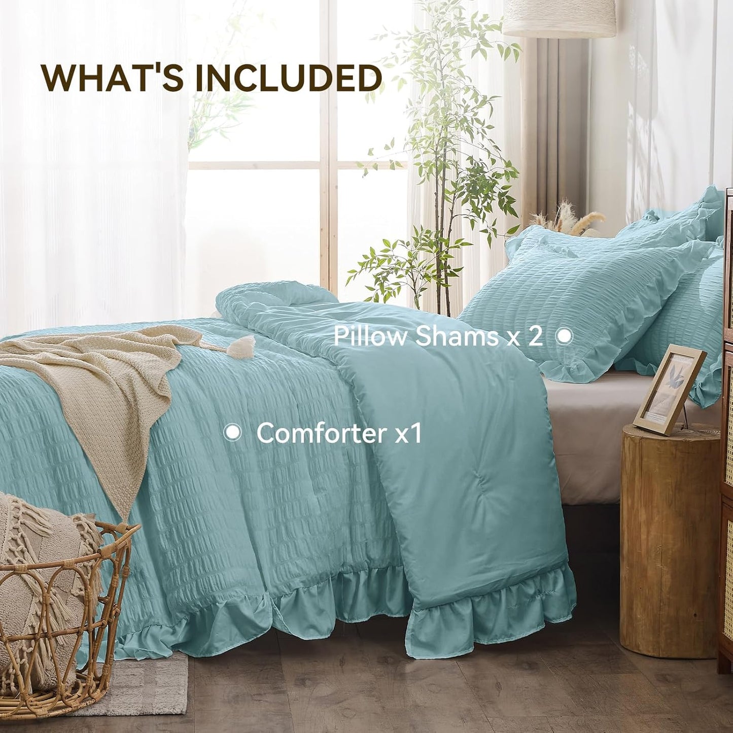 JOLLYVOGUE Light Blue Queen Comforter Set, 3 Pieces Seersucker Comforters Queen Size, Lightweight & Fluffy Bedding Sets for All Season with 1 Ruffle Comforter & 2 Ruffle Pillowshams