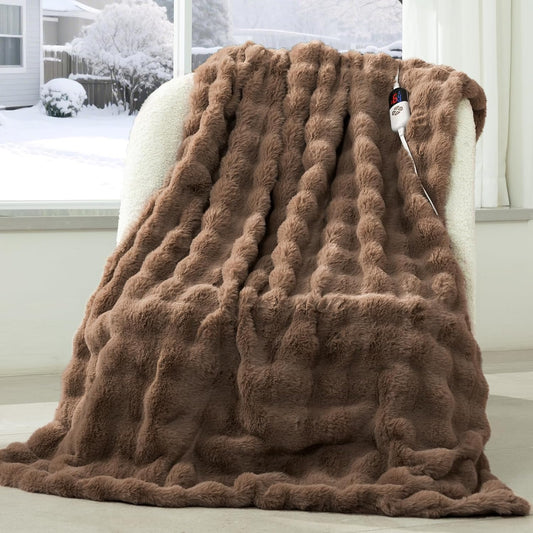 Faux Rabbit Fur Bubble Heated Throw Blanket Camel - Luxury Fluffy Soft Warm Electric Throw with 6 Heating Levels & 4 Timer Settings, Decor Gifts for Home Bedroom Living Room (50" x 60")