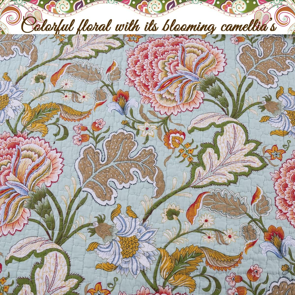 Cozy Line Home Fashions Blooming Red White Floral 100% Cotton Reversible Quilt Bedding Set, Coverlet Bedspread (Camellia Green, Queen - 3 Piece)